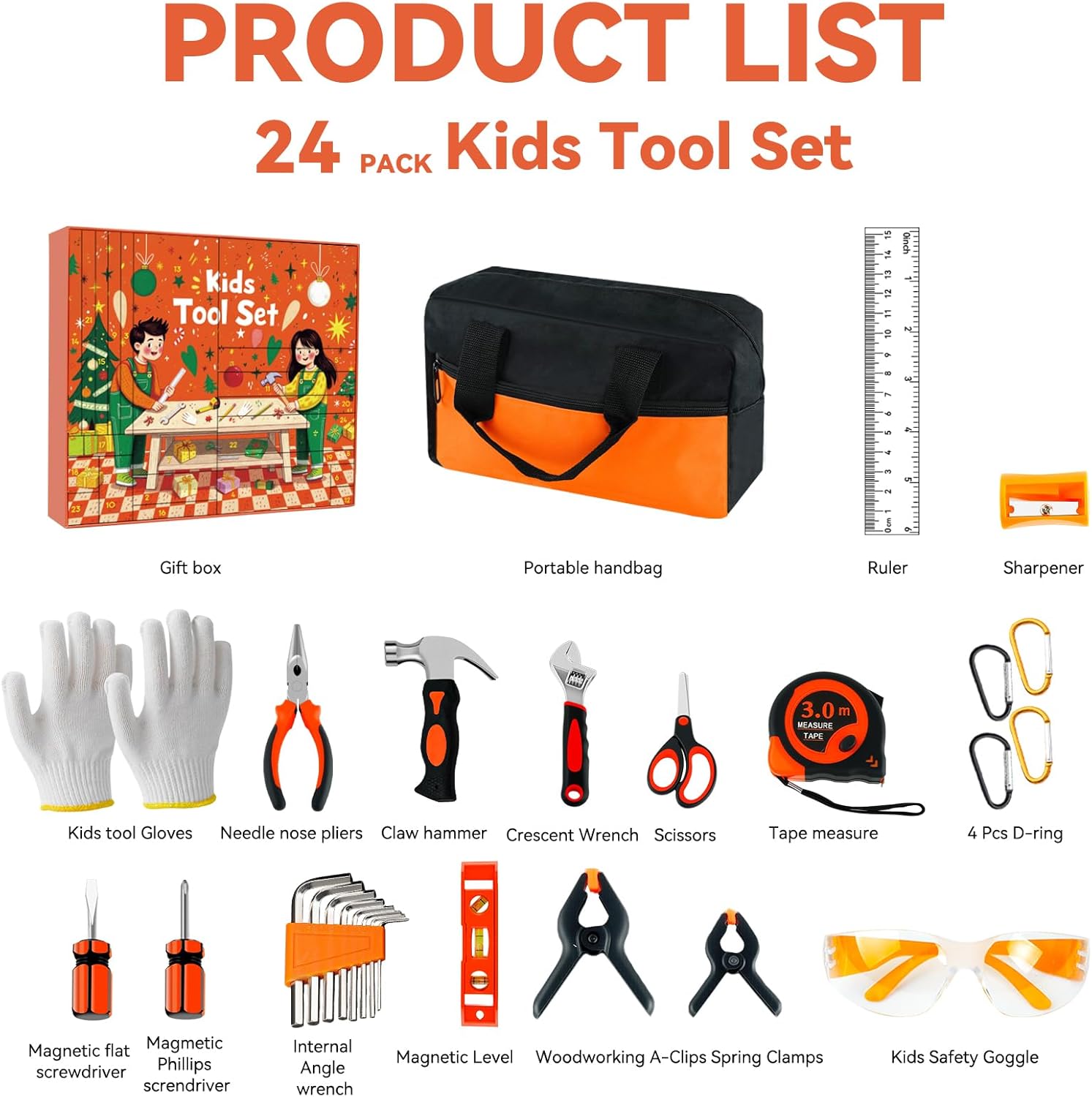 24-Day Christmas Countdown Calendar - Kids Tool Kit with Real Working Tools, 24 Mini Construction Toys for Boys & Girls Ages 8+, Holiday Learning Advent Calendar