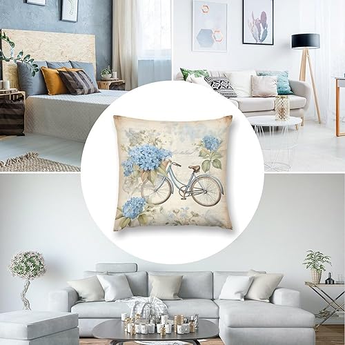 Miniatura 5 de HighonHi Fundas de almohada decorativas cuadradas de terciopelo con flores azules de 26 x 26 pulgadas, bicicleta azul retro con flores en cesta,