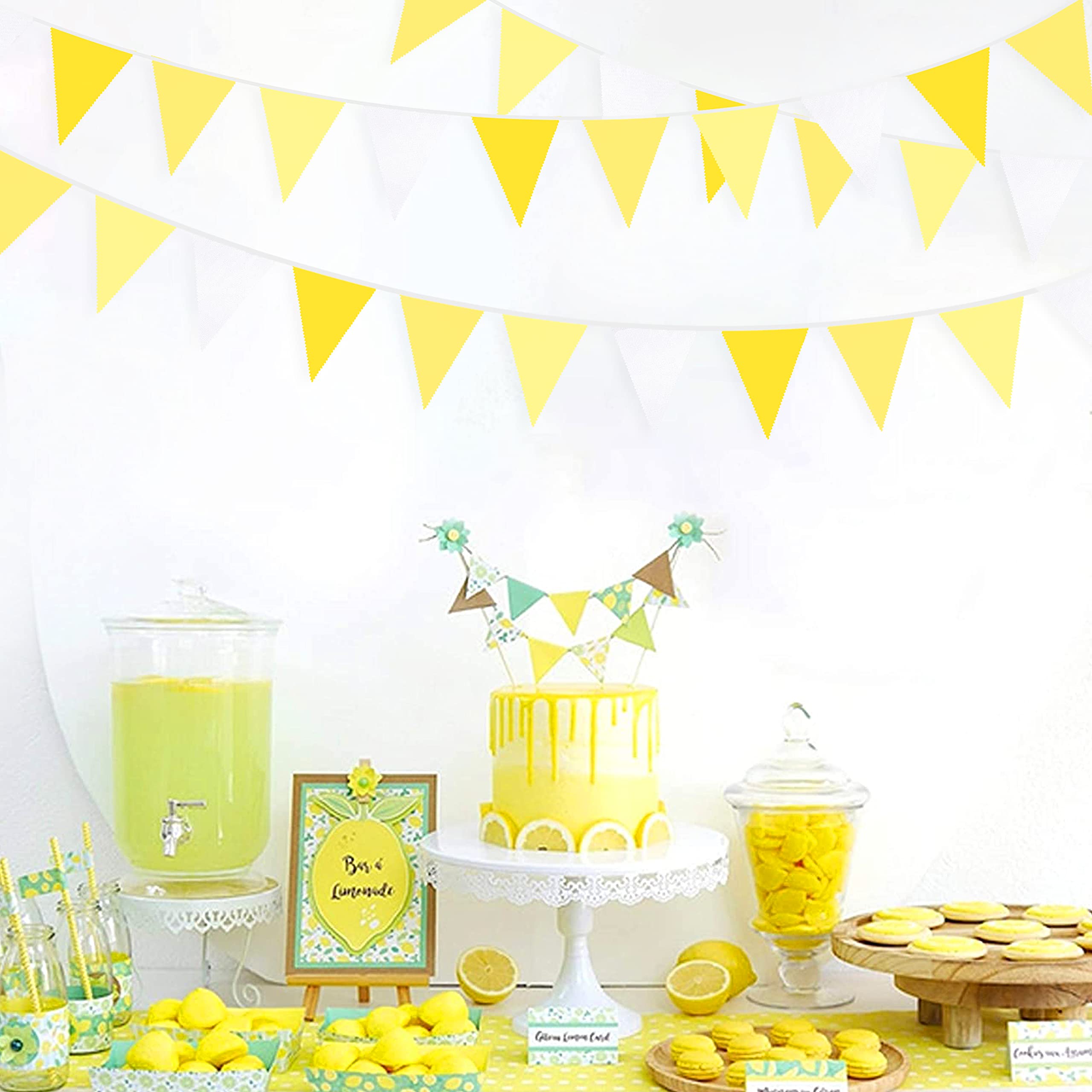 Banderín de tela de 32 pies, color amarillo y blanco, banderín para abejas, girasol, boda, cumpleaños, baby shower, aniversario, fiesta, hogar, guardería, jardín, decoración de festivales (36 piezas)
