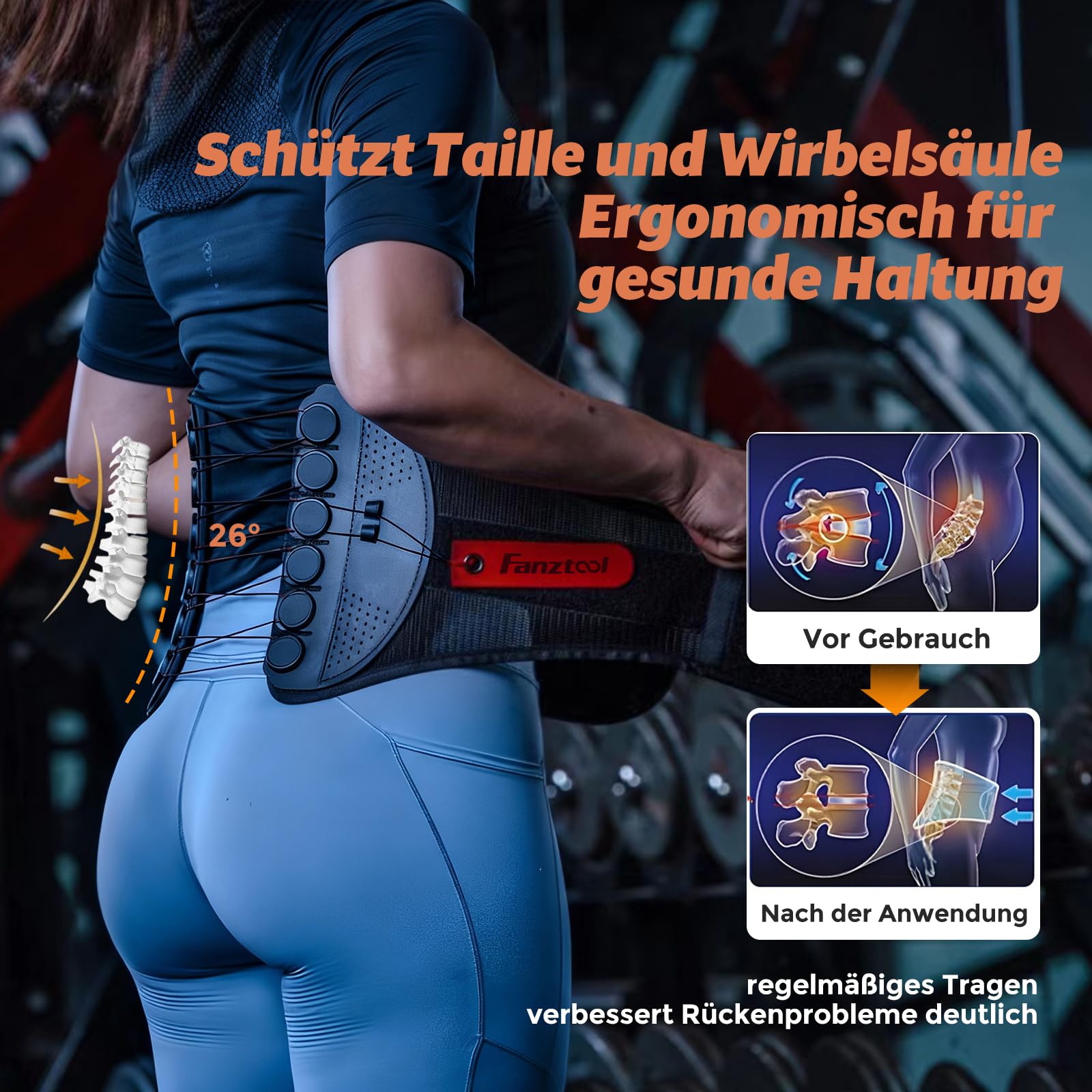 FANZTOOL Cintura di supporto per la schiena con sistema di cinghie bidirezionali, supporto lombare traspirante, forma ergonomica, unisex, flessibile, portatile, per lavoro, lavori domestici, sport e