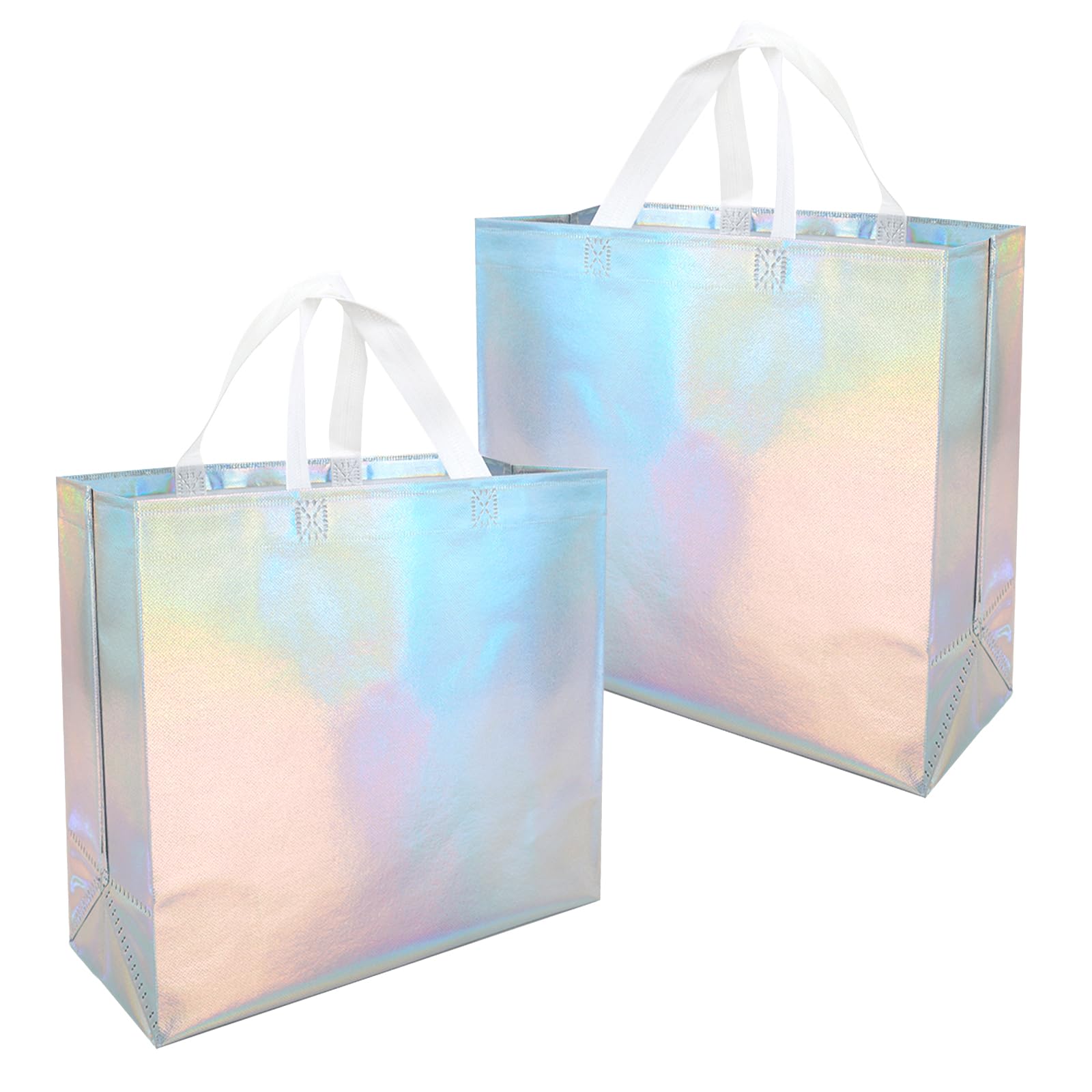 Moretoes 16pcs Iridescent Gift Bags Large Size, Reusable Holographic Goodie Bags with Handles for Birthdays, Parties, and Events (13Wx5Dx11H)
