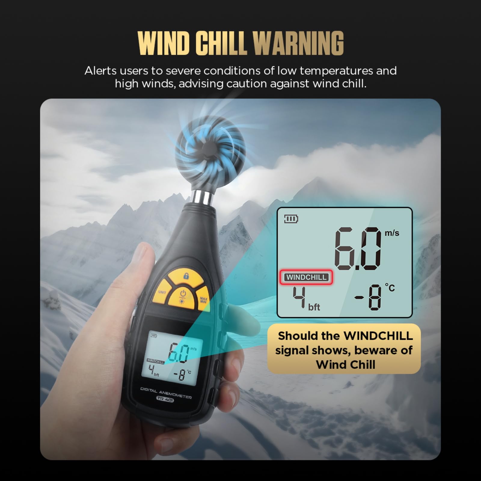 Digitales Anemometer TR401 – Misst Windgeschwindigkeit & Temperatur, Mit Beaufort-Skala & Windchill-Alarm