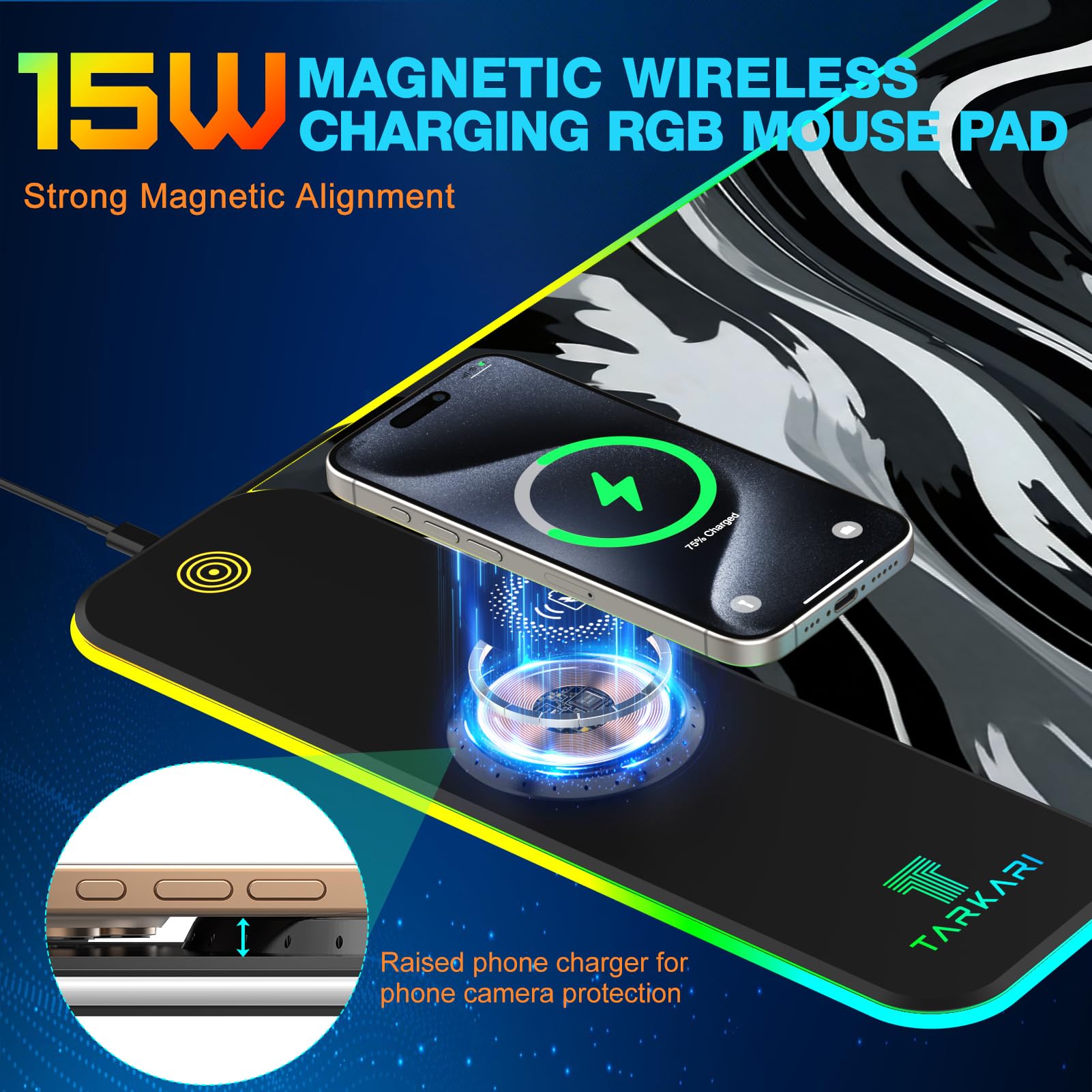 TARKARI Tappetino per mouse RGB con ricarica wireless magnetica, grande, impermeabile, 80 x 40 cm, superficie ultra liscia, base in gomma antiscivolo, tappetino da scrivania per tastiera e laptop