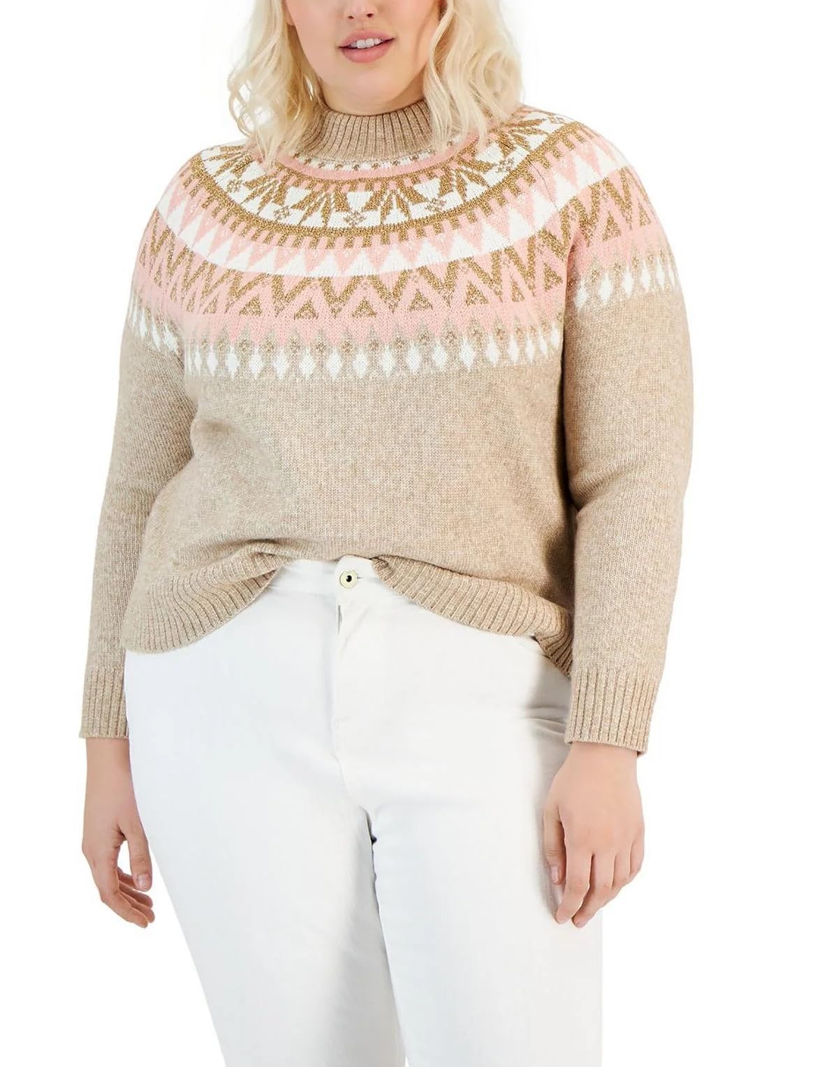 Tommy Hilfiger Women's Fairisle Long Sleeve Crewneck Sportswear Sweater, Light Heather Fawn, 2X