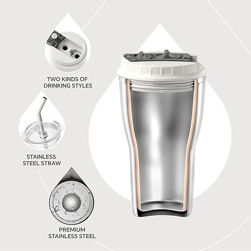 Miniatura 3 de Ideus - Vaso térmico con tapa y popote de 14 oz, vaso para café de viaje con aislamiento al vacío de doble pared a prueba de fugas de acero