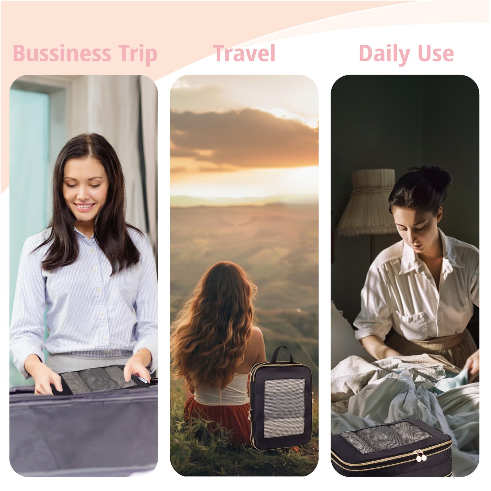 Cubo da imballaggio a compressione espandibile su entrambi i lati, set da 3 pezzi, leggero, a doppio ponte, borsa organizer per bagagli, zaini, valigie, accessori da viaggio da donna per vestiti