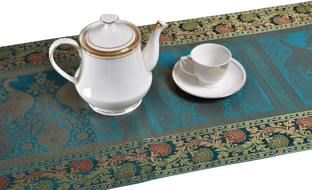 Lalhaveli Peacock Design Christmas Party Decoration Table Runner Green Color 72 x 16 Inch