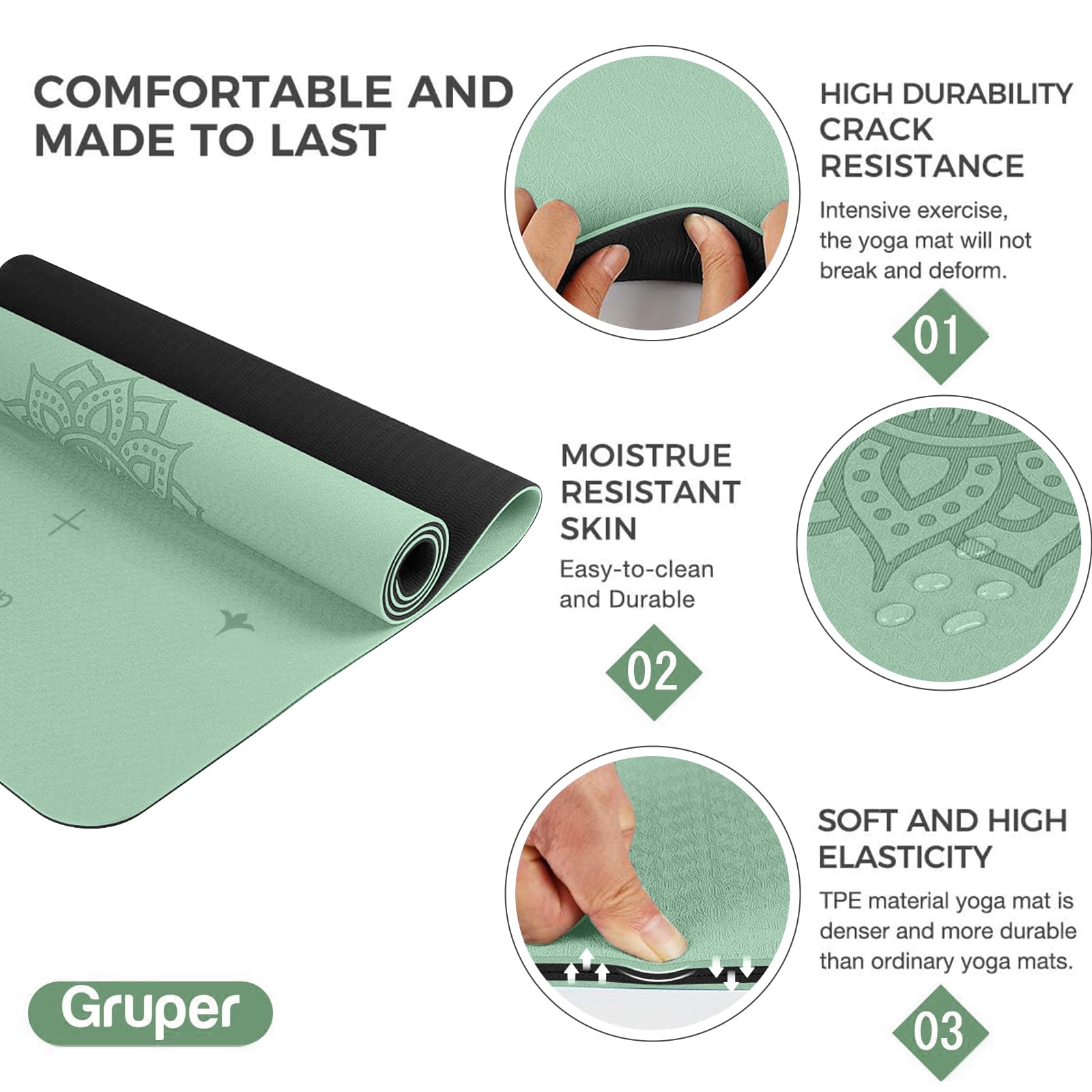 Tapete de yoga antideslizante de TPE grueso con marca de alineación, tapete antidesgarros y fitness para yoga, pilates y entrenamientos en el suelo (verde)