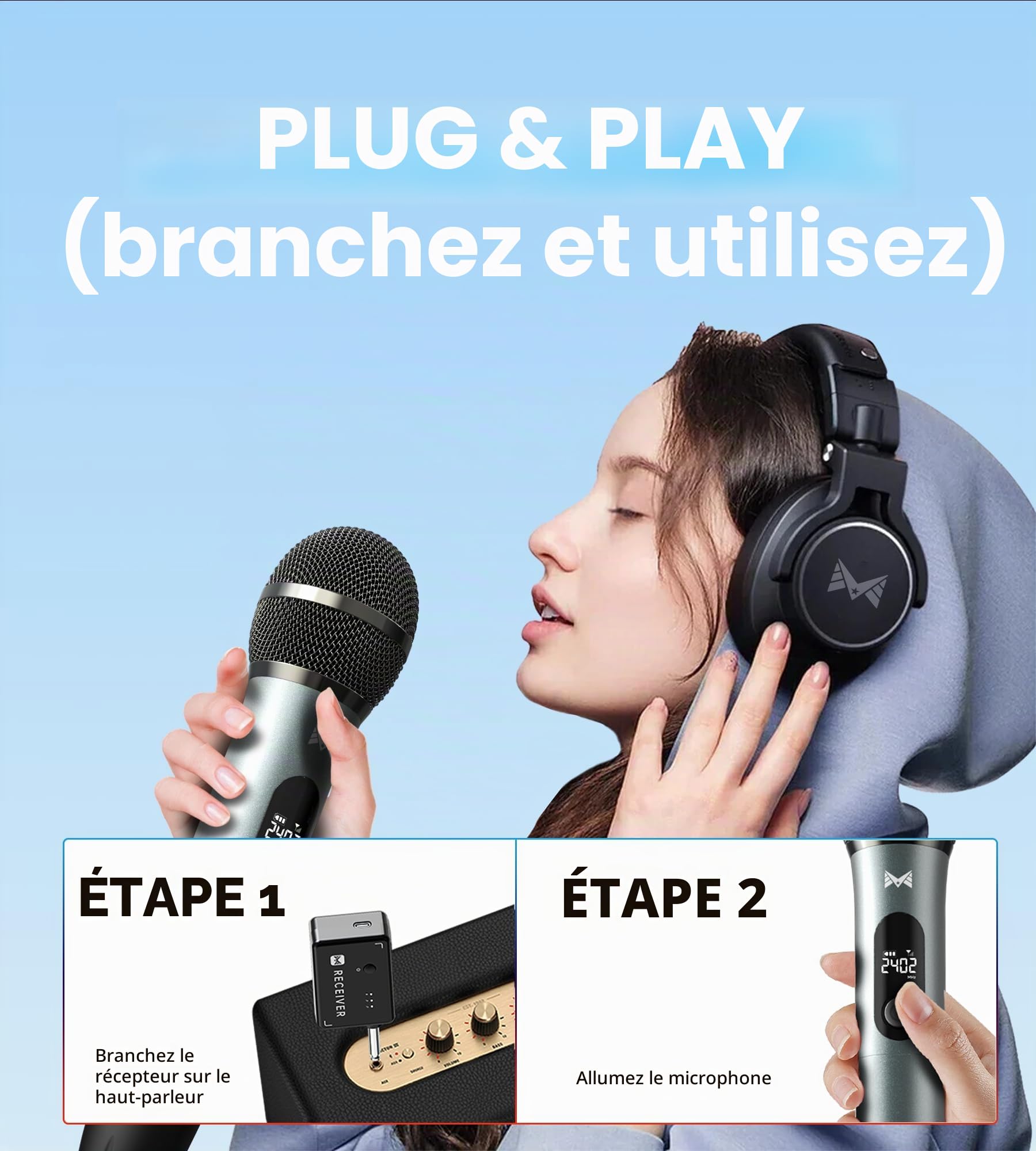 Micro sans Fil, Micro Sans fil Avec Connexion Par Puce Individuelle, Autonomie de 40 h, Réception à 60 m, Microphone à Tube Semi-Métallique Pour Chant, Enregistrement Vidéo, Soirées à Domicile (Noir)