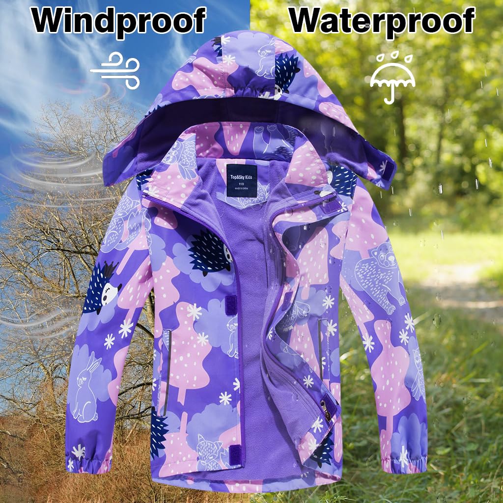 Veste Imperméable Fille Veste Coupe-Vent Chaude et Imperméable avec Capuche Blouson Enfant Légère Polaire Veste de Randonnée pour Outdoor 3-12 Ans