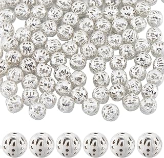 SUNNYCLUE 1 Box 120Pcs Silver Round Hollow Bead Brass Filigree Beads Bulk Metal European Vintage Tibetan Antique Loose Spacer Ball Small Beads for Jewelry Making DIY Necklace Bracelet Crafts Women