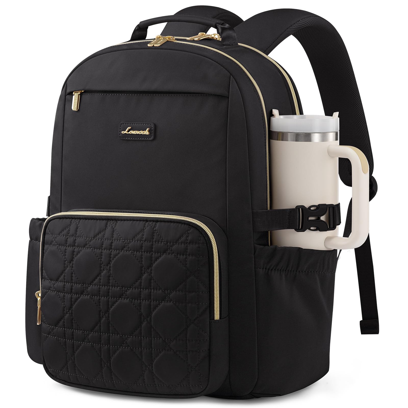 LOVEVOOK Laptop Backpack for Women with Pouch Pocket for Large Capacity Cup,18 Inch Teacher Nurse College Work Backpack Purse,Waterproof Laptop Bag Computer Back Pack for Travel,Black+Wicker pattern