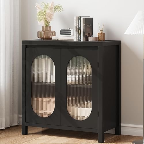 GAOMON Gabinete de almacenamiento retro, gabinete de buffet de 30.1 pulgadas con puertas de vidrio estriado, estación de almacenamiento de barra de