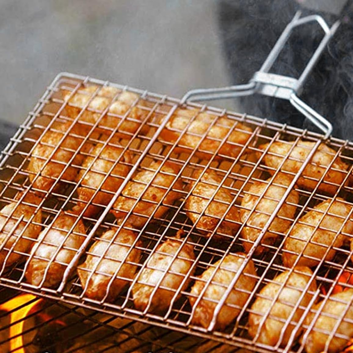 Cesta para Barbacoa Desmontable Y Plegable con Pinza de Malla para Carne Y Pescado con Mango de Madera, Cesta para Pescado Deo Inoxidable