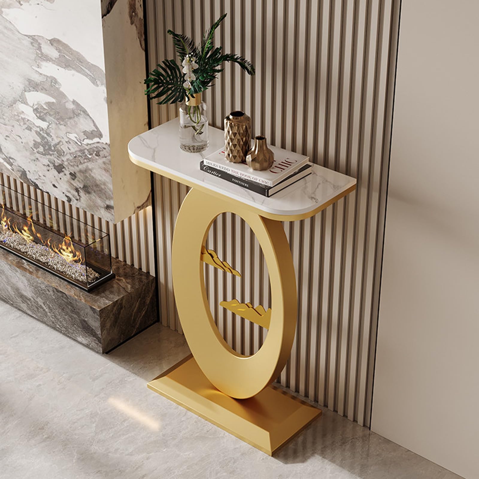 Mesa consola de piedra para entradas estrechas y decoración detrás del sofá