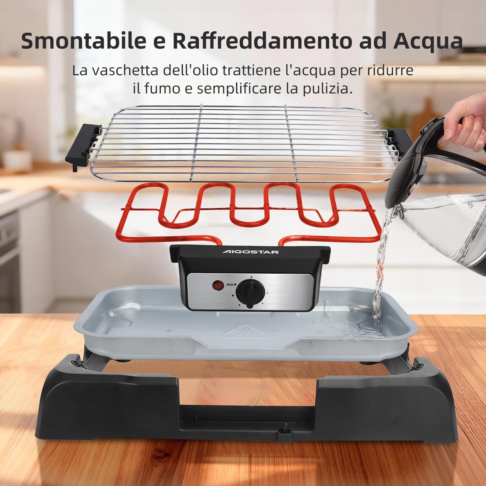 Aigostar Griglia Barbecue Elettrica da Tavolo, Griglia per Feste, Termostato Regolabile, Cottura Lenta e Rapida, Potenza 2000 W, Nero