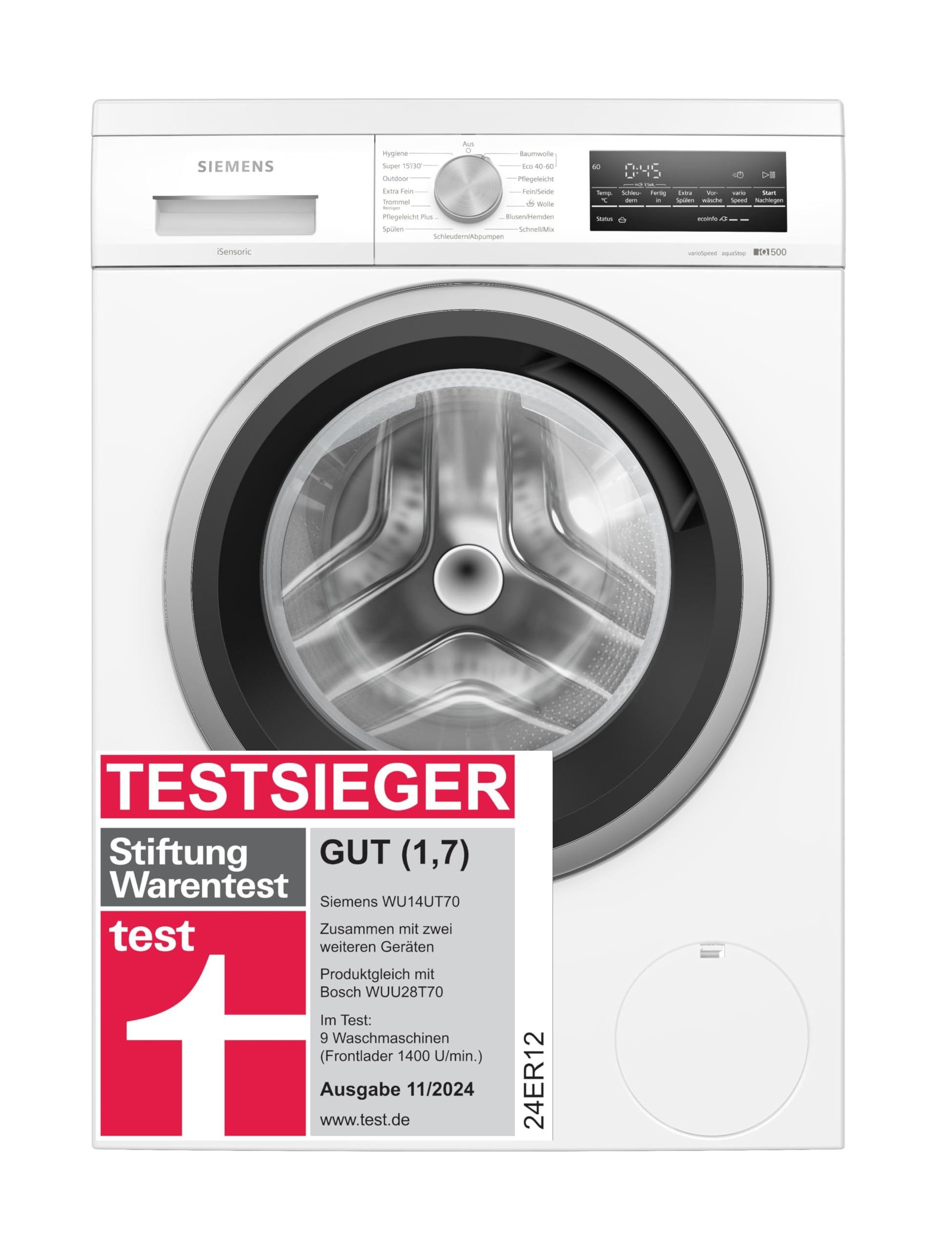 Siemens iQ500 Unterbaufähige Waschmaschine 8 kg 1400 UpM WU14UT70 | Stiftung Warentest Testsieger*, Schnelle Wäsche mit speedPack L, langlebiger iQdrive Motor, aquaStop Schutz vor Wasserschaden