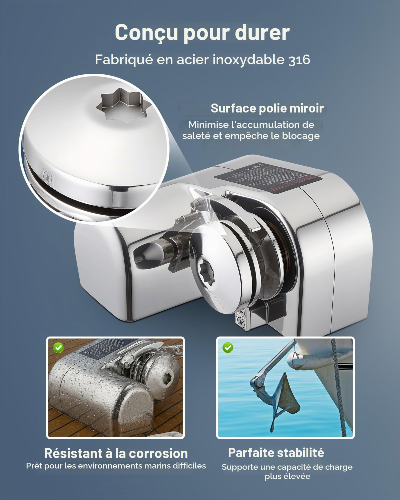 VEVOR Guindeau Électrique, 12 V CC, Guindeau Ancre de Bateau 7-9 m, Traction Maximale 260 kg, 600 W, Compatible avec Chaîne 6,35 mm ou Corde Nylon 14 et 16 mm, Construction en Acier Inoxydable 316