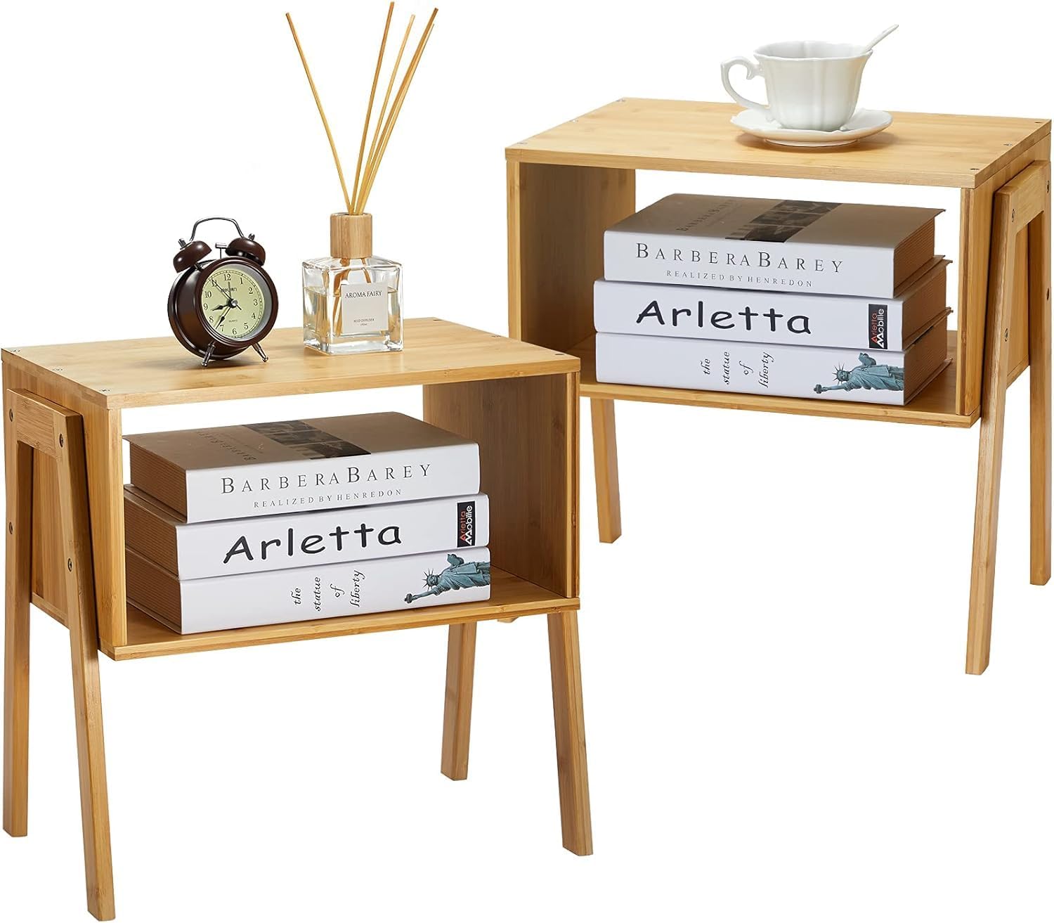 Bamboo Stackable End Tables, Living Room Nightstand, Bedside Tables for Bedroom/Nursery Room/Laundry Room/Study Room Small Spaces Storage by Pipishell, Set of 2