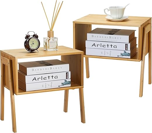 Pipishell Bamboo Stackable End Tables, Wood Living Room Nightstand, Bedside Tables for Bedroom Storage, Set of 2