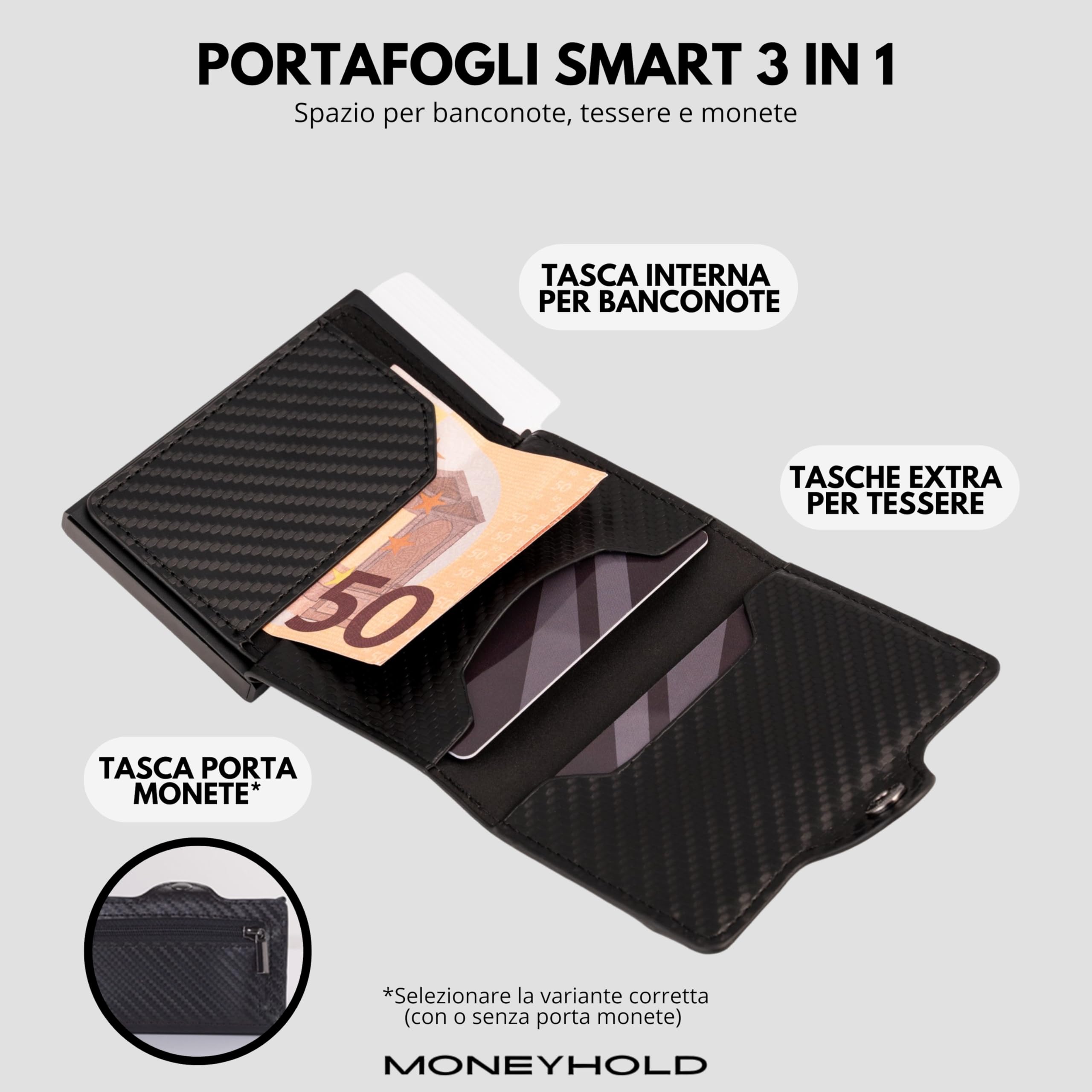 Moneyhold Portafoglio Uomo Slim in Similpelle con Protezione RFID Anticlonazione, Porta Carte di Credito, anche con Portamonete (10 Tessere)