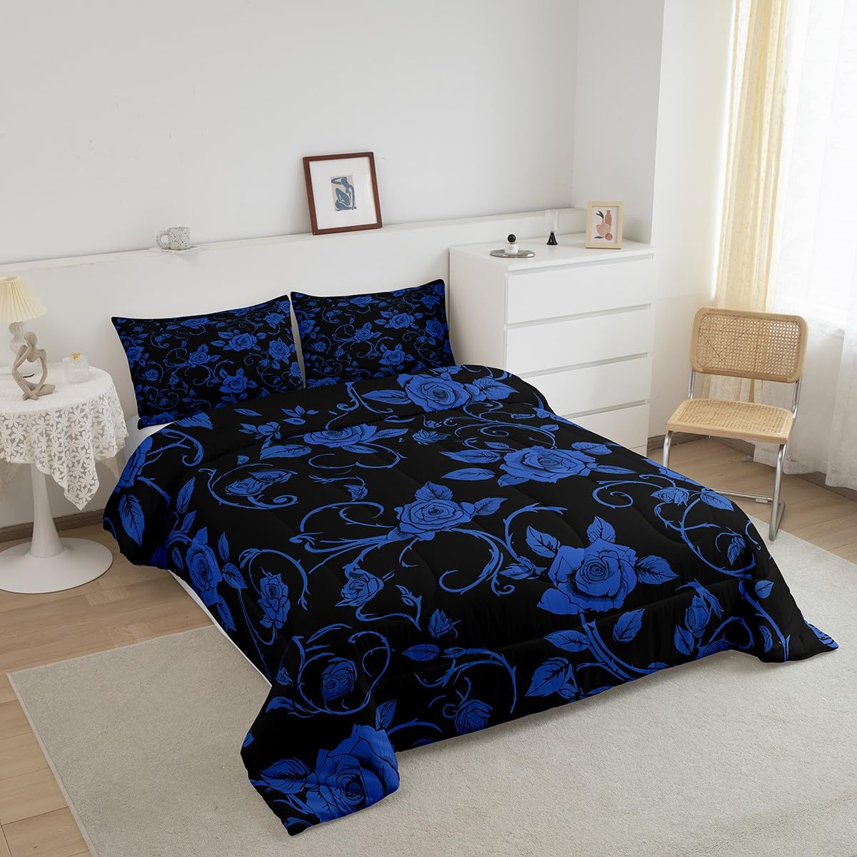 jejeloiu Groovy Flower Bedding Set Toddler Size Retro Floral Comforter Cover for Boys Girls Teens 70S Hippie Flowers Bohemian Duvet Cover Black Blue Breathable Soft Lightweight Microfiber 1111 2243