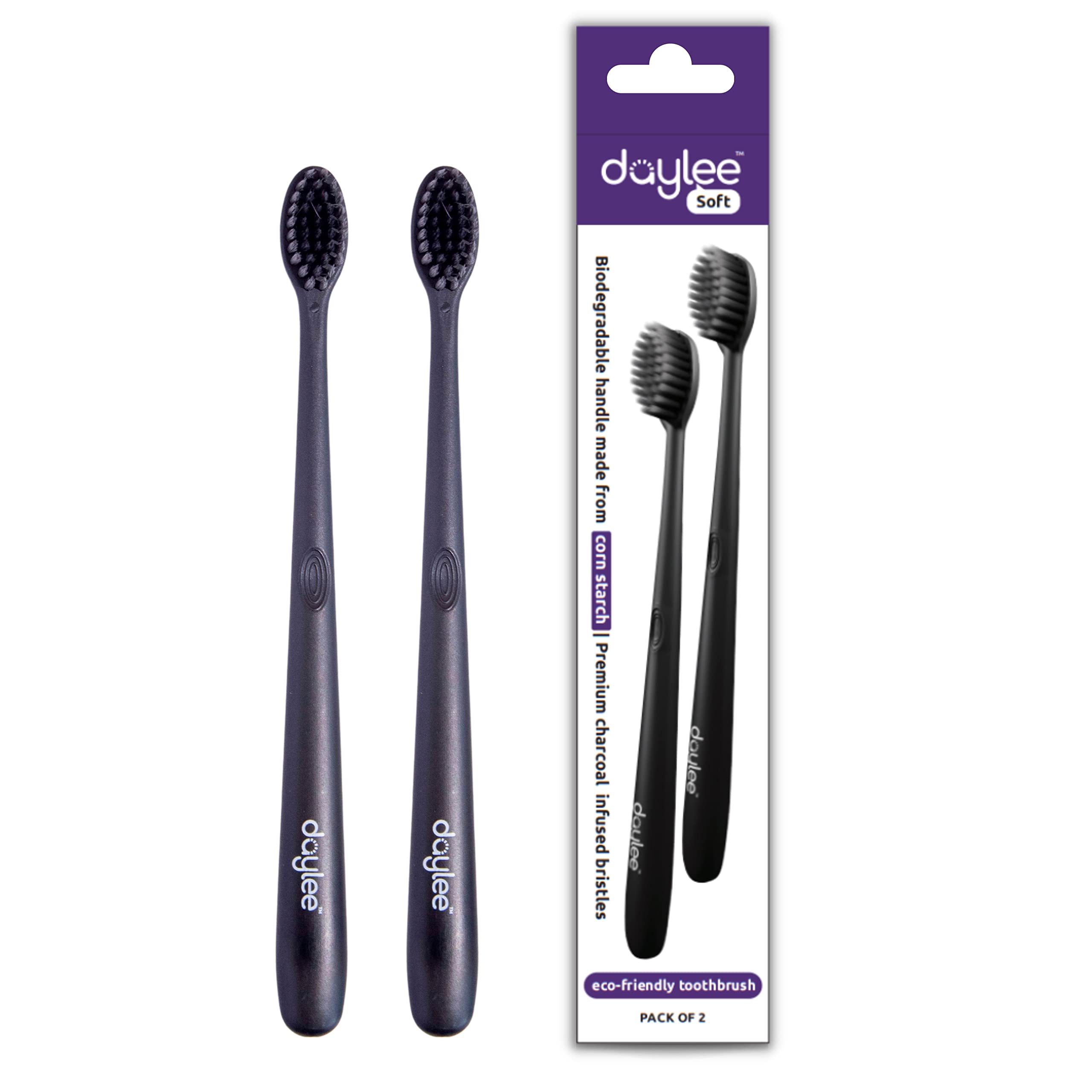 dayleeEco-friendly Corn Starch toothbrush for gentle deep cleaning I Soft Bamboo Charcoal bristles for natural teeth whitening I Ergonomically Designed 100% Biodegradable Handle I Anti-Fungal & Water-repellent ( Color - Black, Pack of 2 )