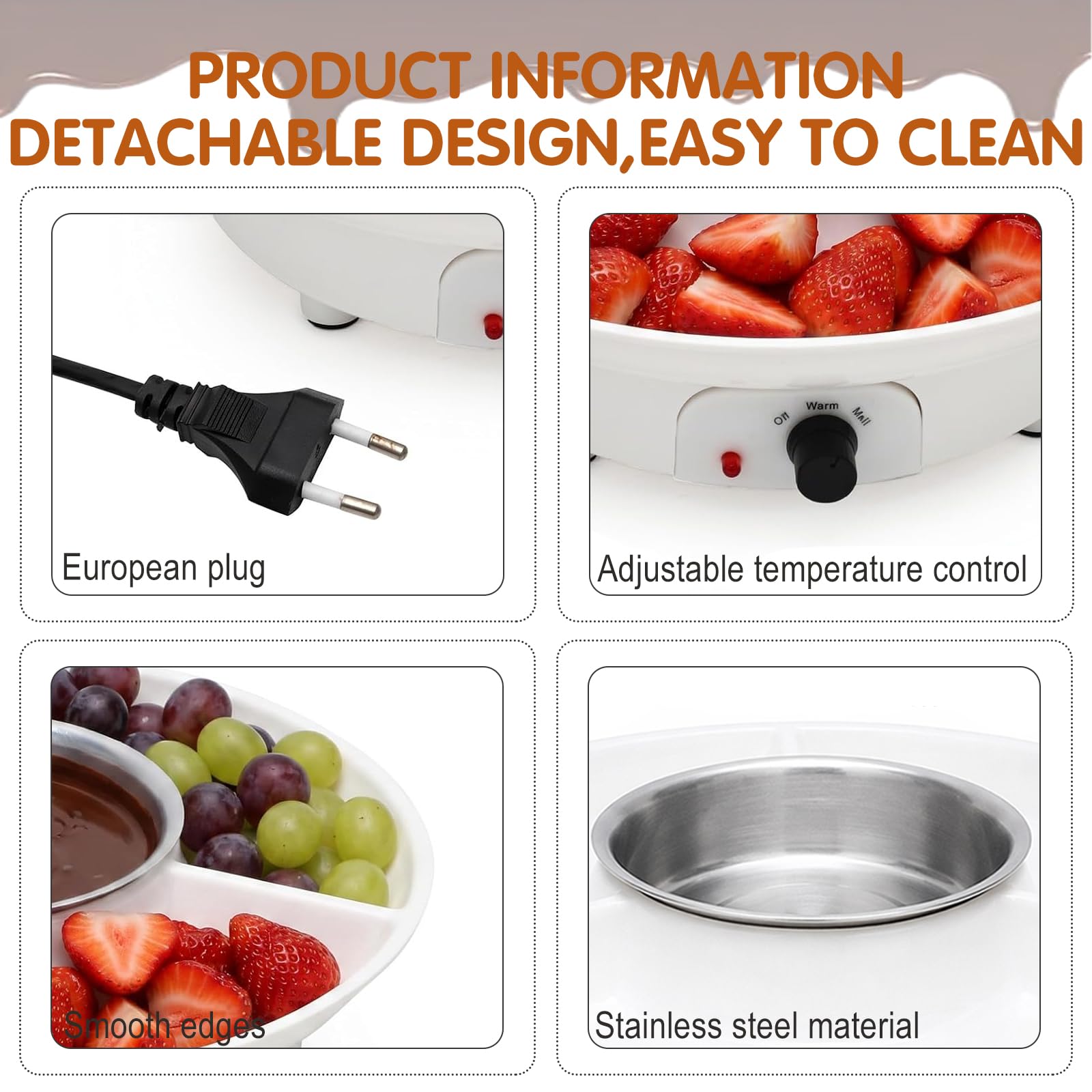 Fondue de chocolate eléctrica con 4 tenedores, atemperador de chocolate y derretir el chocolate, 2 niveles de temperatura, fuente de chocolate para chocolate, fruta, malvavisco (blanco)