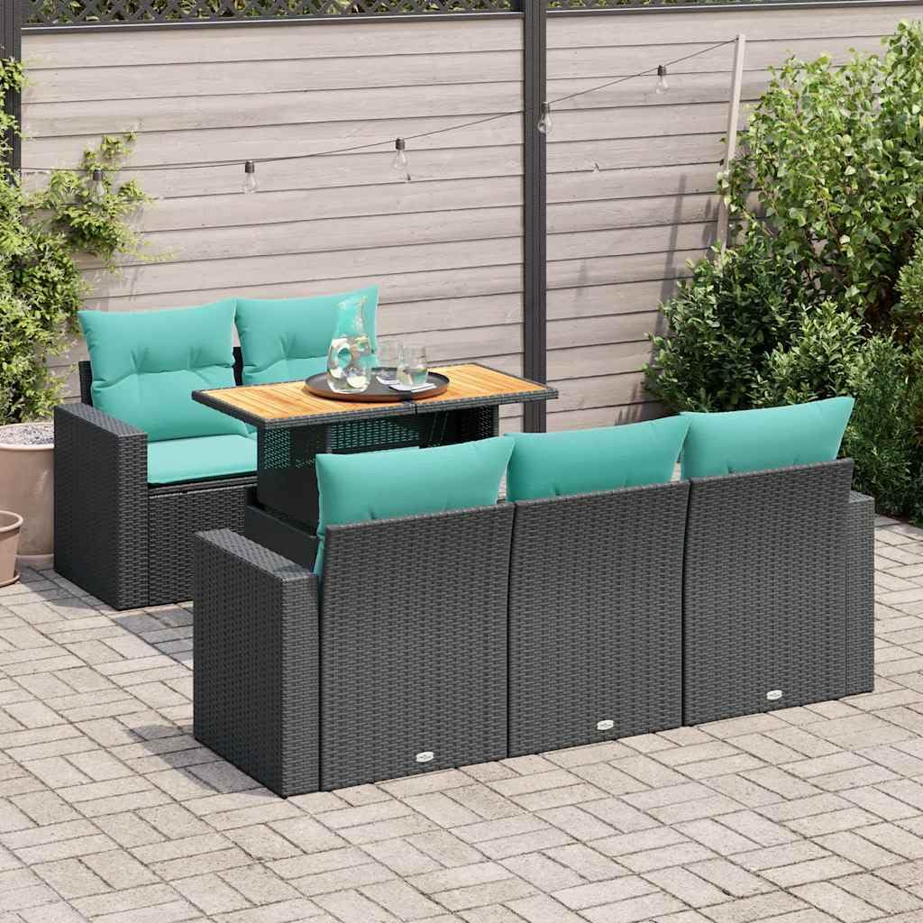 Juego de 6 muebles de jardín de ratán sintético negro con asientos de 110 kg, altura regulable, espacio de almacenamiento, incluye cojín azul para balcón, terraza y jardín pequeño
