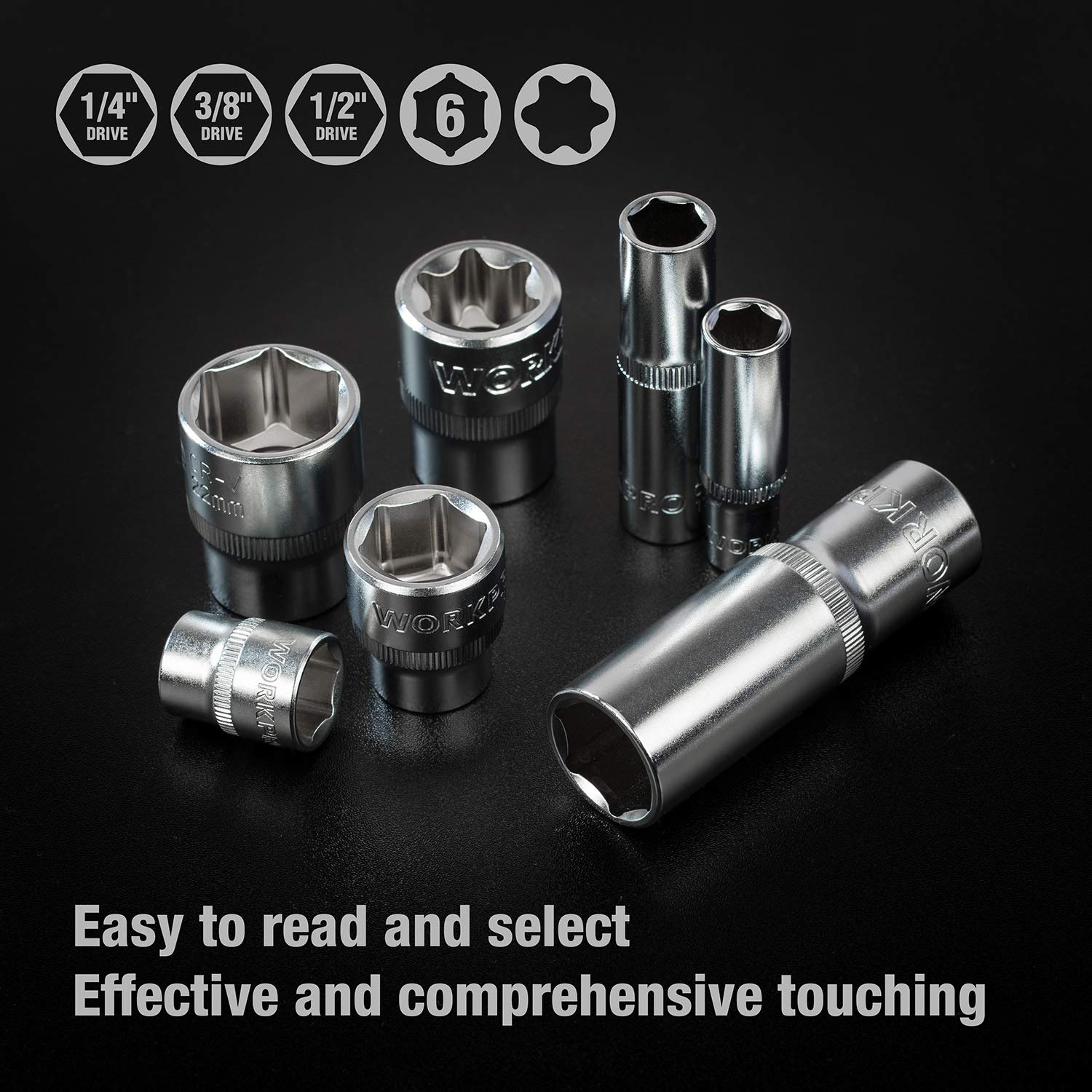 WORKPRO Set di Chiavi a Bussola e Cricchetto 1/4"+ 3/8"+ 1/2" 172 Pezzi, Bussola Metrica Cr-V con Chiavie a Cricchetto a Sgancio Rapido a 72 Denti, Utile per Riparazioni Auto, Profi, Meccanico