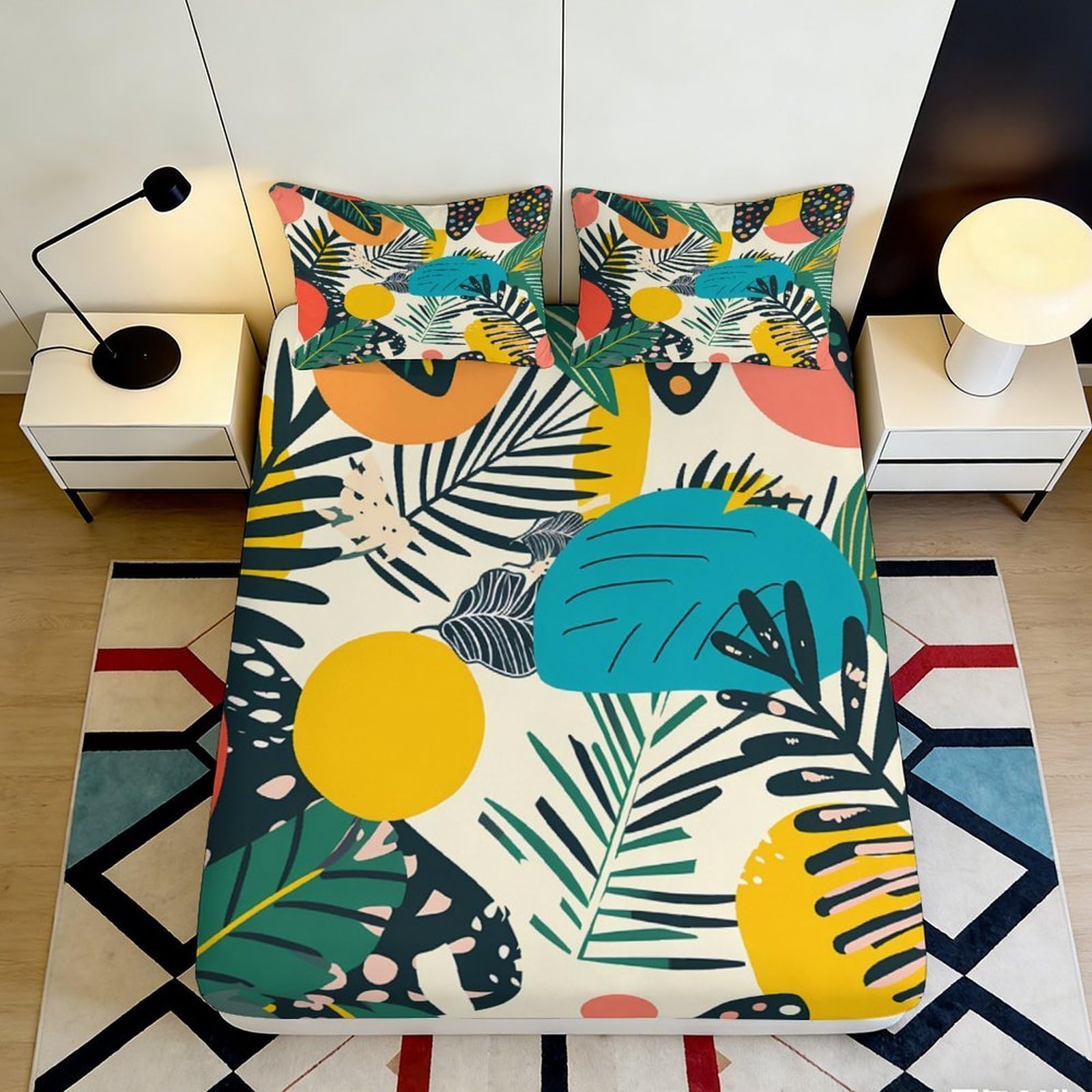 3D Printed Tropical Leaf Fitted Sheet Microfiber Soft Multicolour Sun Abstract Mattress Cover Bedroom Decor 90x200x25cm