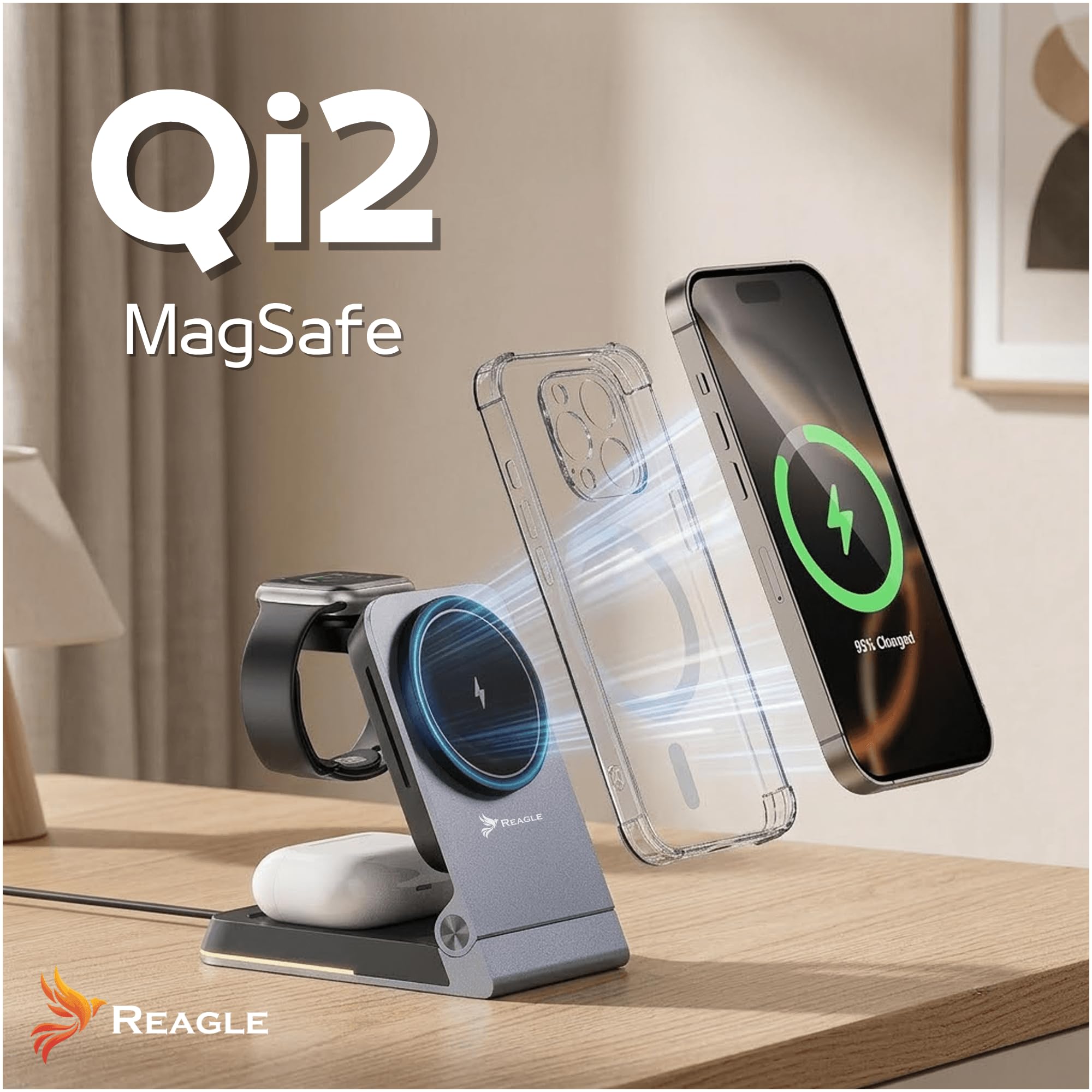 Reagle Station de Charge sans Fil Qi2 3-en-1 15 W, Chargeur Magnétique Pliable, Compatible avec iPhone 17/16/15/14/13/12, Apple Watch, AirPods, Pixel, Veilleuse, USB-C, Graphite