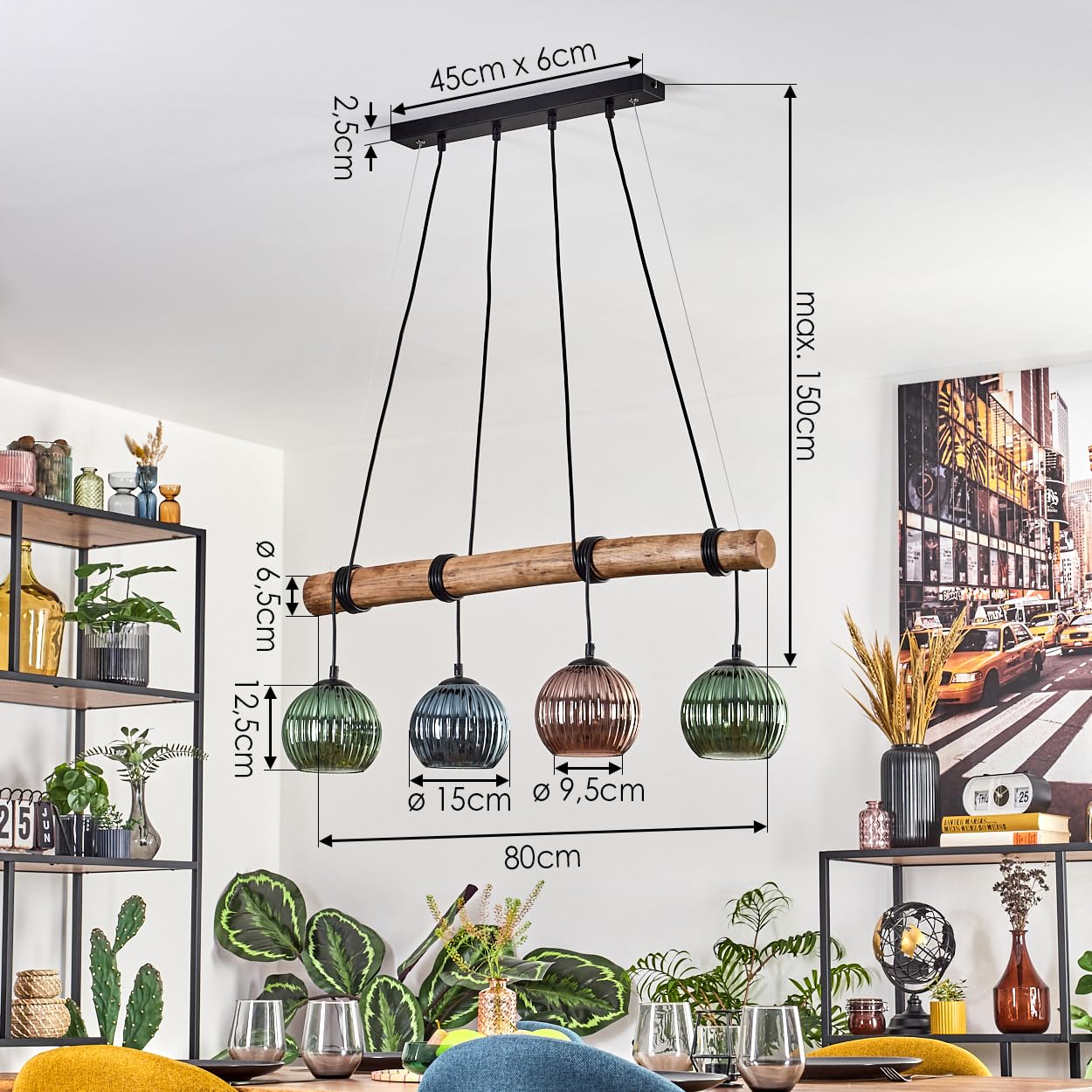 HOFSTEIN lampa wisząca Koyoto, 4-światłowa lampa wisząca z metalu/drewna/szkła w kolorze czarnym/naturalnym/bursztynowym/zielonym/niebieskim, ze szklanymi kloszami, drewniana belka, maks. 150 cm, E27
