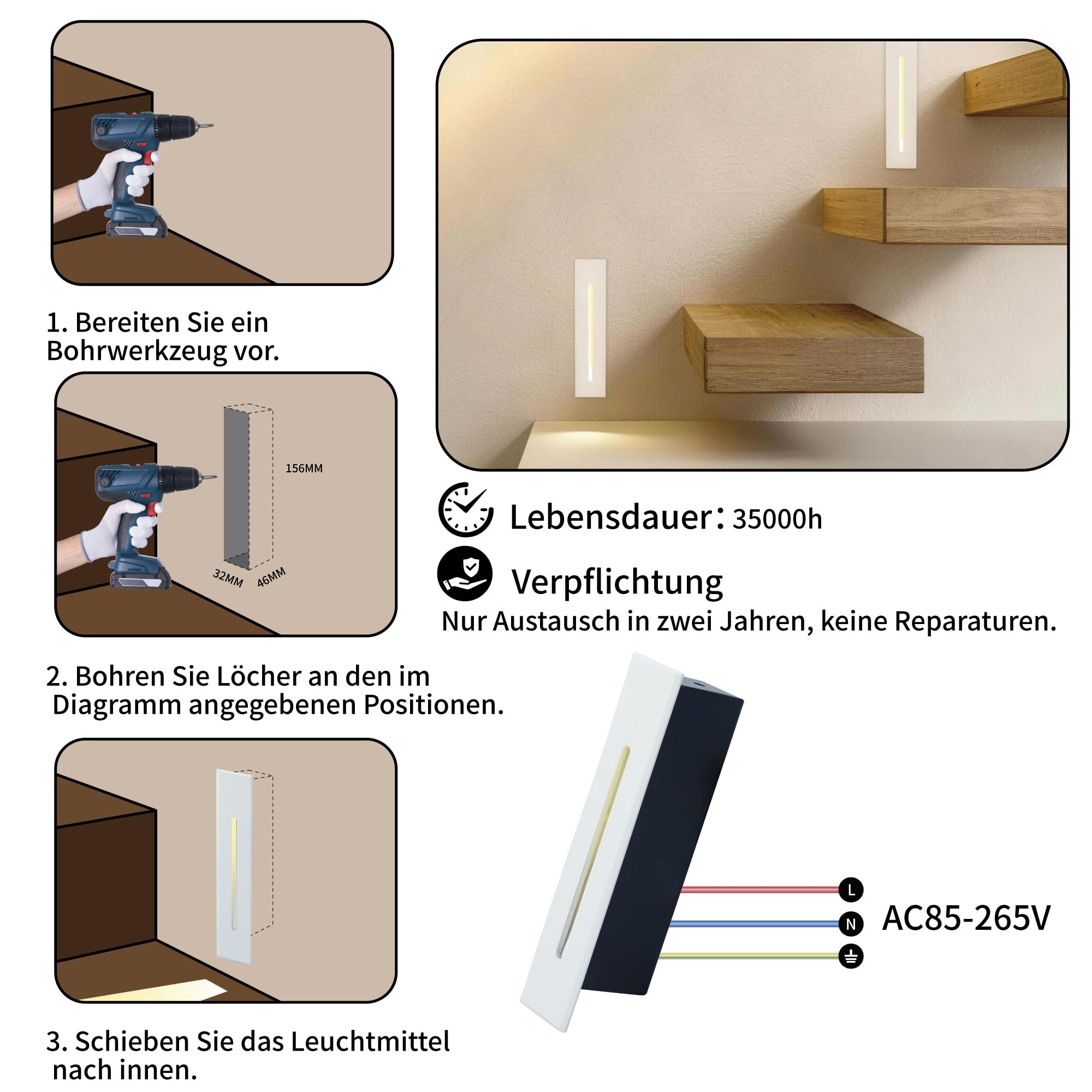2Stk. LED Einbauleuchte für Treppenleuchte 3W, IP65 Wasserdichte Treppenbeleuchtung Treppen Licht Stair Lights, Wandeinbauleuchte Treppestufen Spots Beleuchtung Stufenleuchten (Weiß)