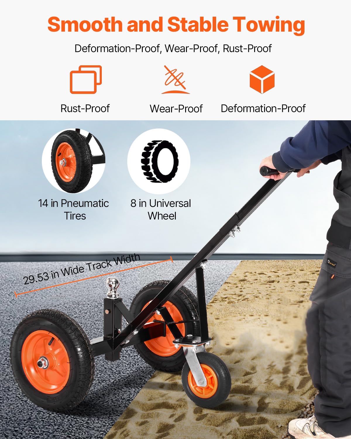 VEVOR Carrello per Rimorchio in Acciaio al Carbonio Regolabile in Altezza 42,5 cm a 56 cm, Sfera di Attacco e Pneumatici, Trasportatore Spostamento Rimorchi per Camper, Capacità 454 kg
