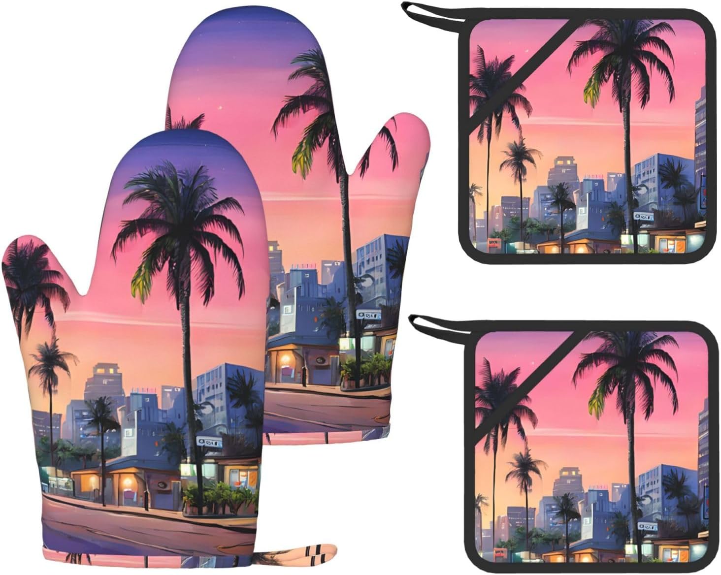 The Old Hollywood Oven Mitts and Pot Holders Set of 4 Heat Resistant Kitchen Gloves with Silicone Palm Hot Pads for Baking Cooking Grilling BBQ