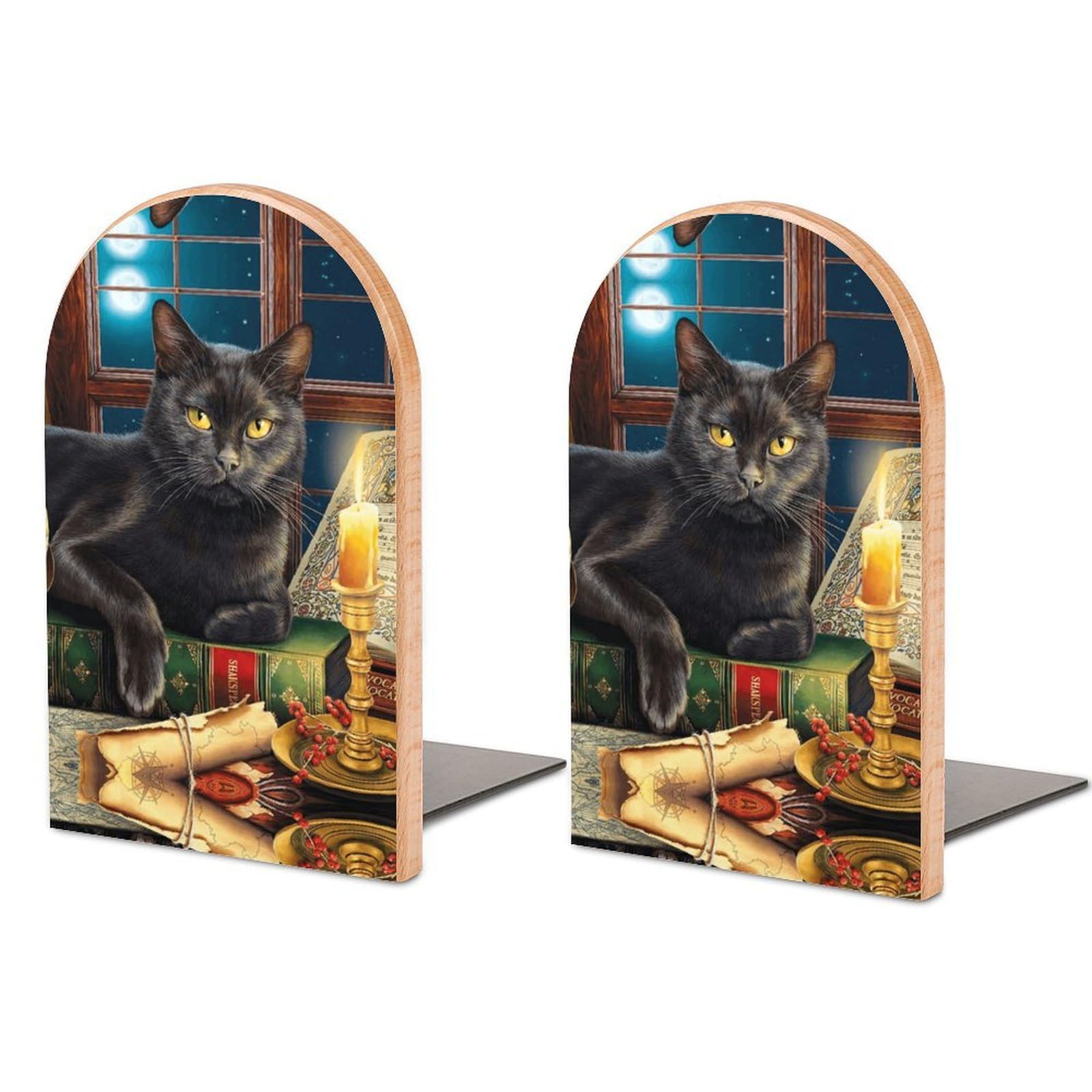 Black Cat Book Ends Wood Non-Slip Books Stand Book Holders Book Stopper Organizer for Shelves Home Office
