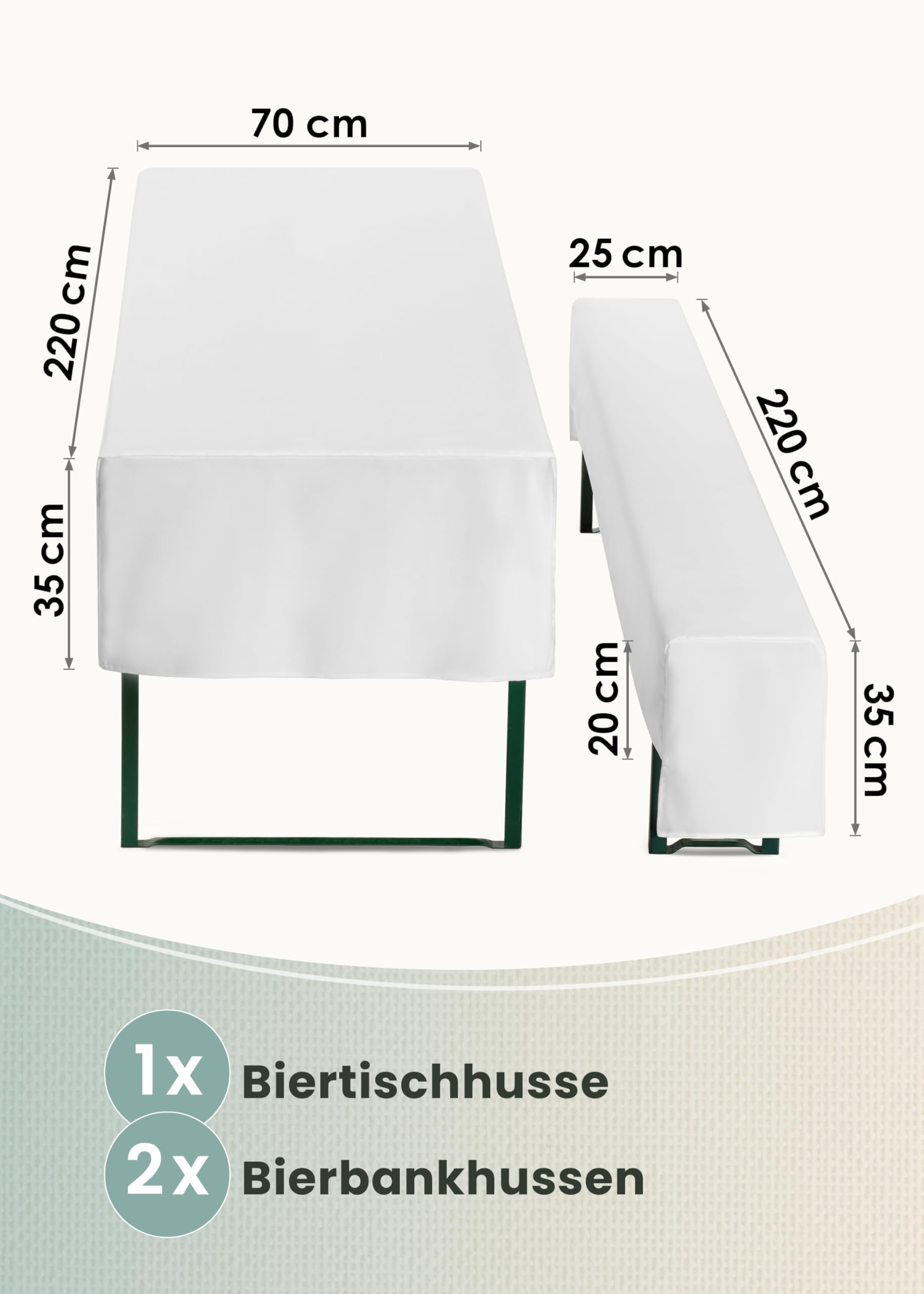 Gräfenstayn, modello: Valentin – Set di 3 teloni di copertura per panche o tavoli, larghezza: da 50 a 70 cm, Poliestere, bianco, 70 x 220 cm