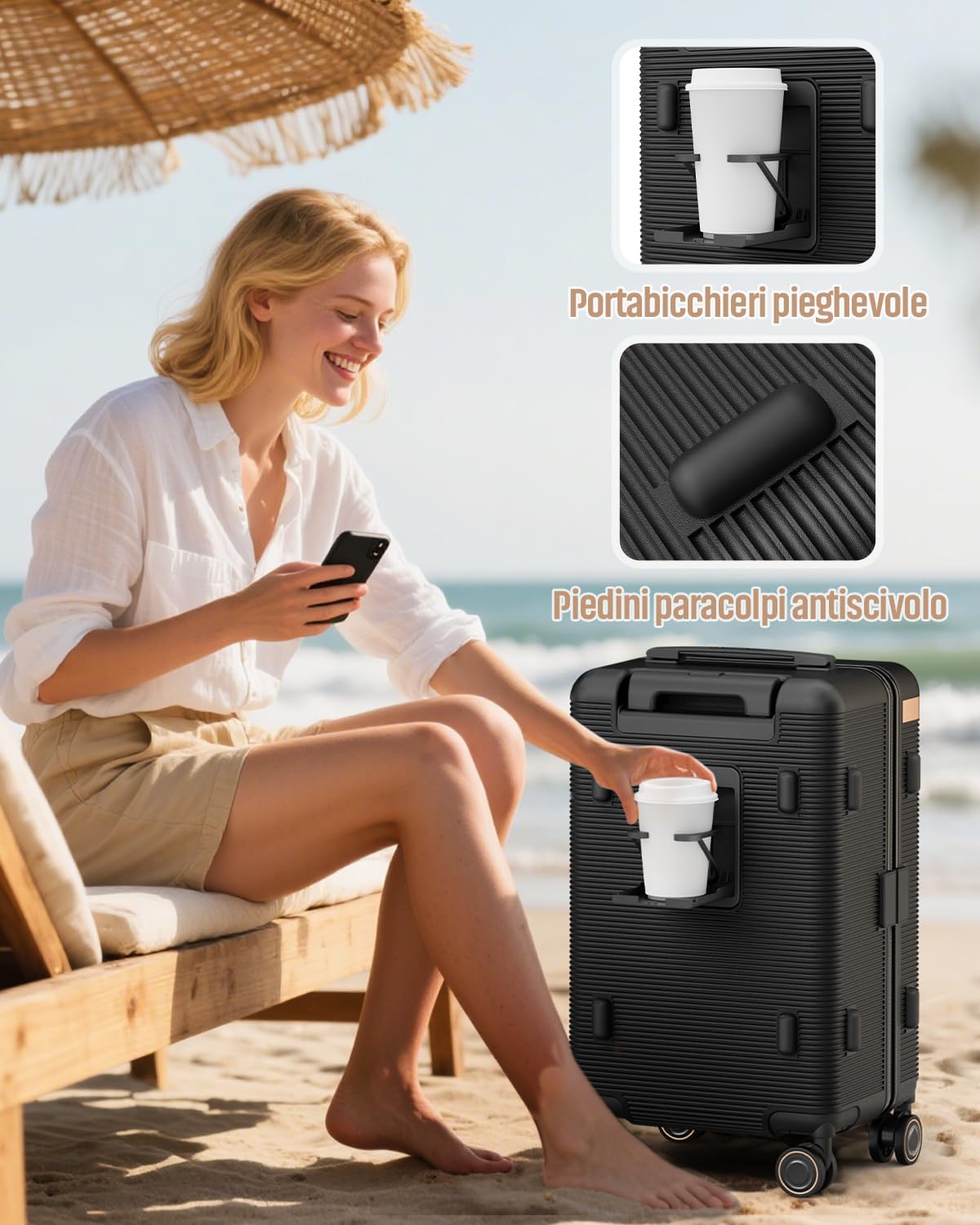 Joyway Valigia Trolley guscio rigido ABS 4 ruote, serratura TSA, Nero | Portabevande integrato, fodera interna rimovibile. Ruote doppie ammortizzanti 360° freno, manico telescopico 3 livelli
