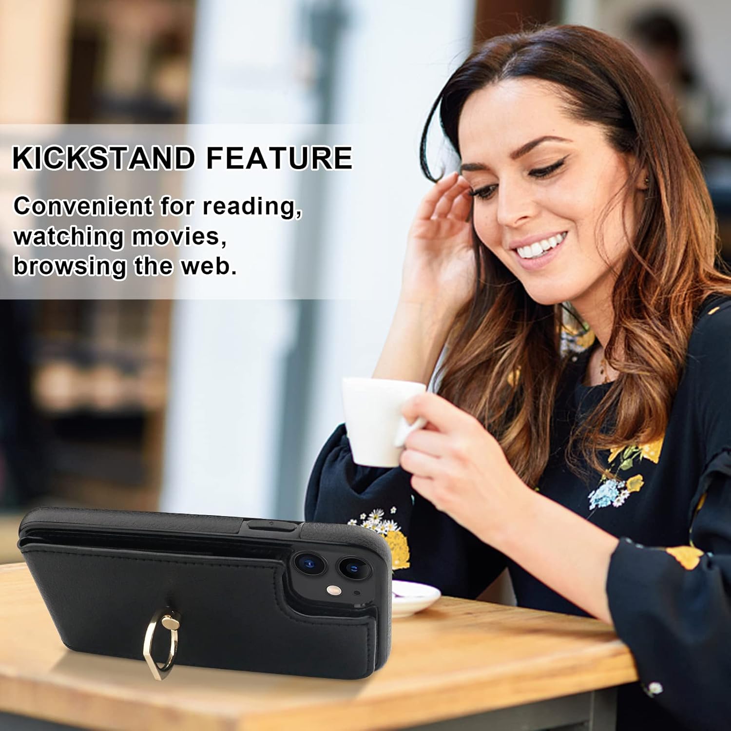 Folosu Compatible with iPhone 11 Case Wallet with Card Holder, 360°Rotation Finger Ring Holder Kickstand Protective RFID Blocking PU Leather Double Buttons Flip Shockproof Cover 6.1 Inch Black