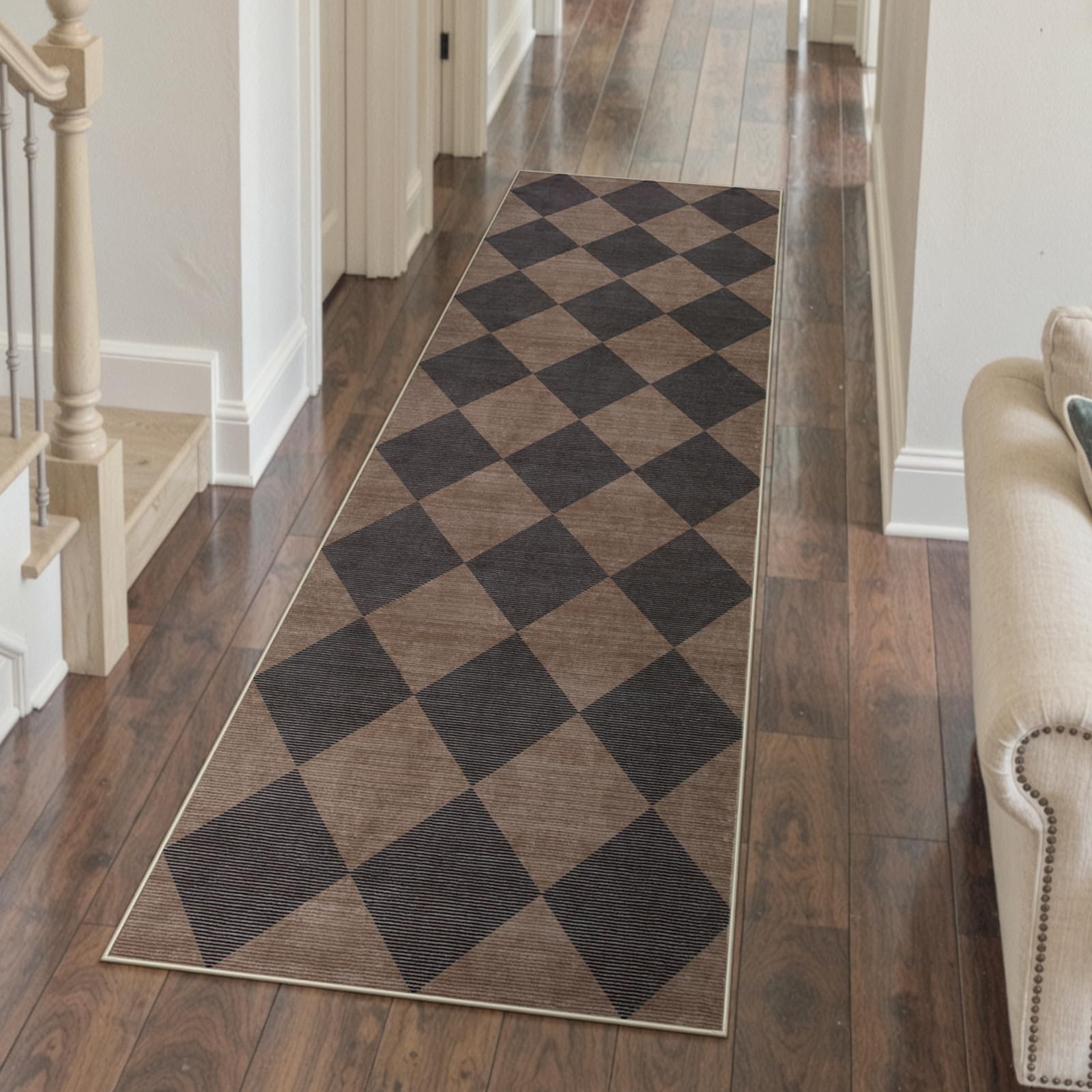Beeiva Checkered Print Hallway Runner Rug 2x6, Moroccan Kitchen Runner Rugs Non Skid Washable 6ft Ultra Thin Stain Resistant Entryway Decor, Diamond Gingham Alfombra for Bathroom Laundry (Brown/Black)