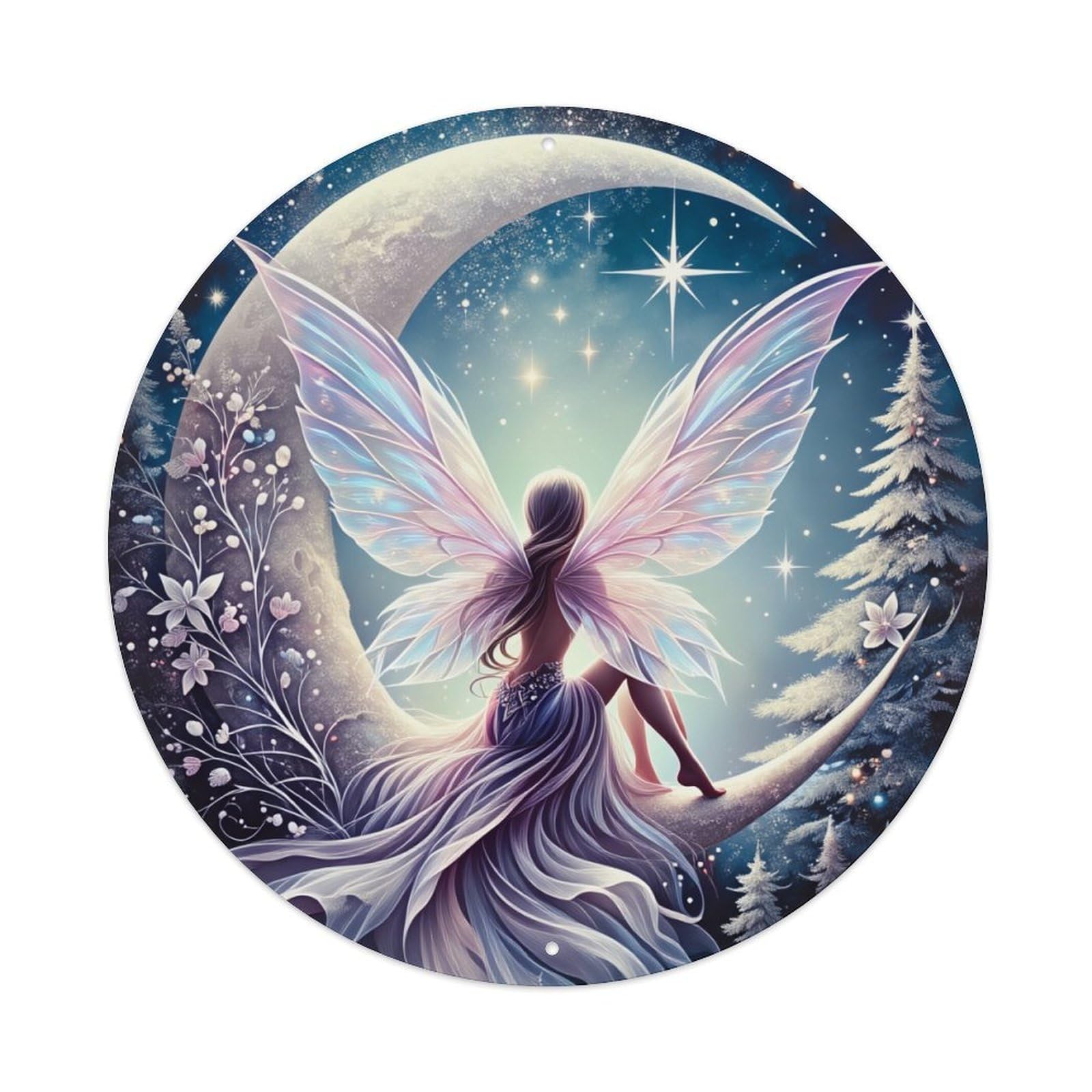 Moonlight Fairy Wings Forest Stars Round Tin Sign Vintage Metal Poster, Home Bar Garage Man Cave Cafe Indoor & Outdoor Wall Decoration 8x8Inches