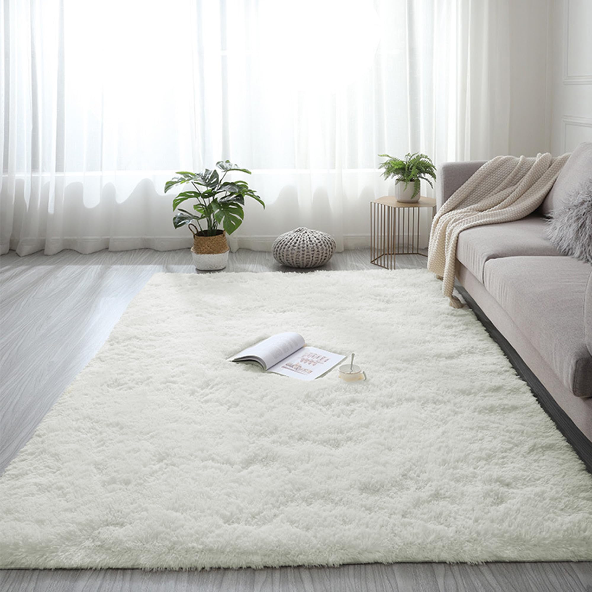 Tapis doux et épais beige 200x200 pour salon et chambre - Grand tapis peluche