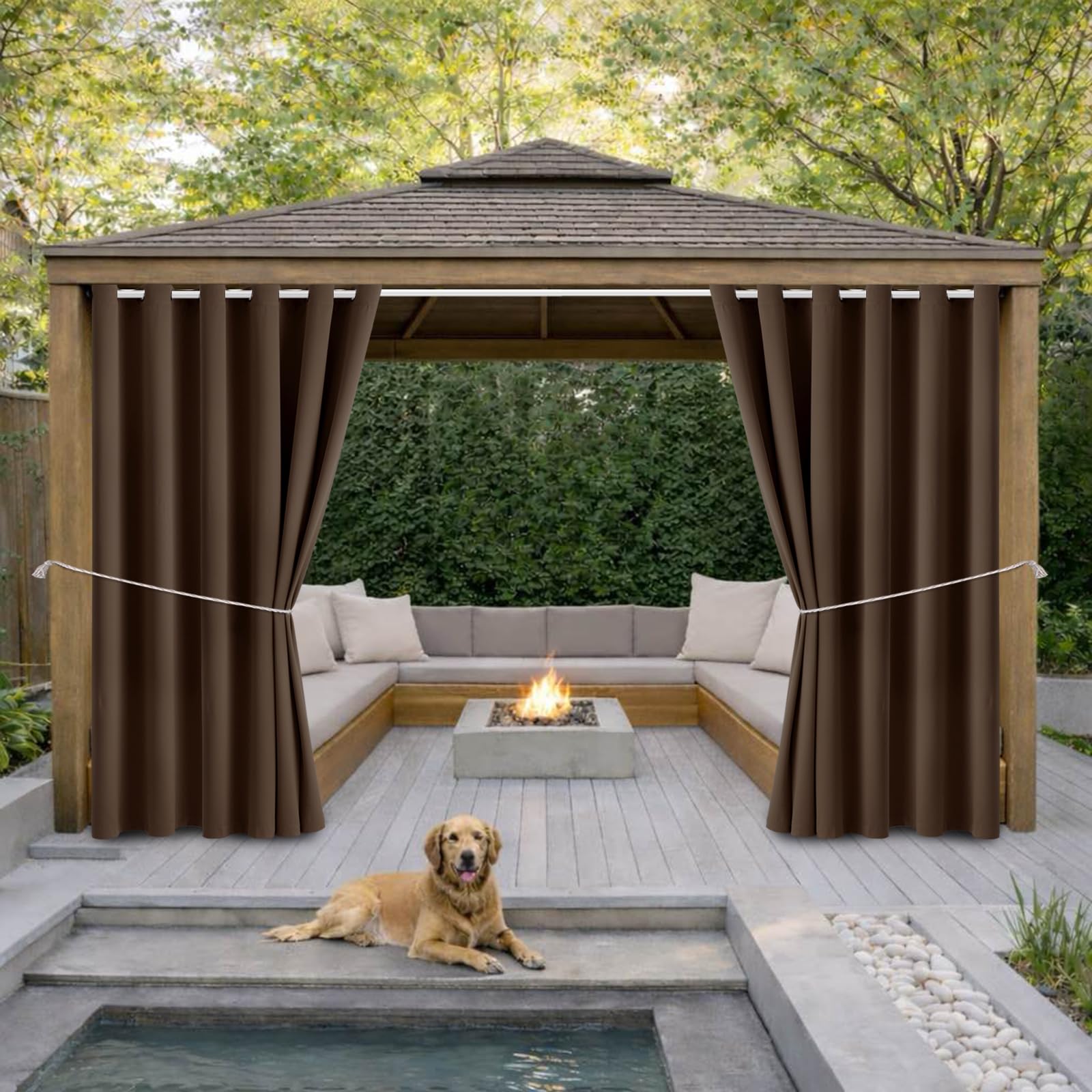 Water Proof Outside Curtains W84 x L84 with Grommet Top for Porch, Thermal Insulated Washable Light Block Outdoor Divider Drapes for Patio Gazebo Deck Pool Area Pergola Cabana (Brown, 2 Panels)-picture-10