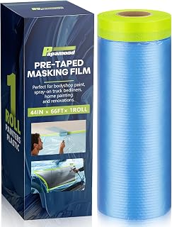 Pre-Taped Masking Film for Painting(1 Roll) - 44" x 66'Painters Plastic Sheeting with Tape and Drape, Painters Drop Cloth for Automotive & Home, Cover for Walls/Floors/Windows/Cars Protection
