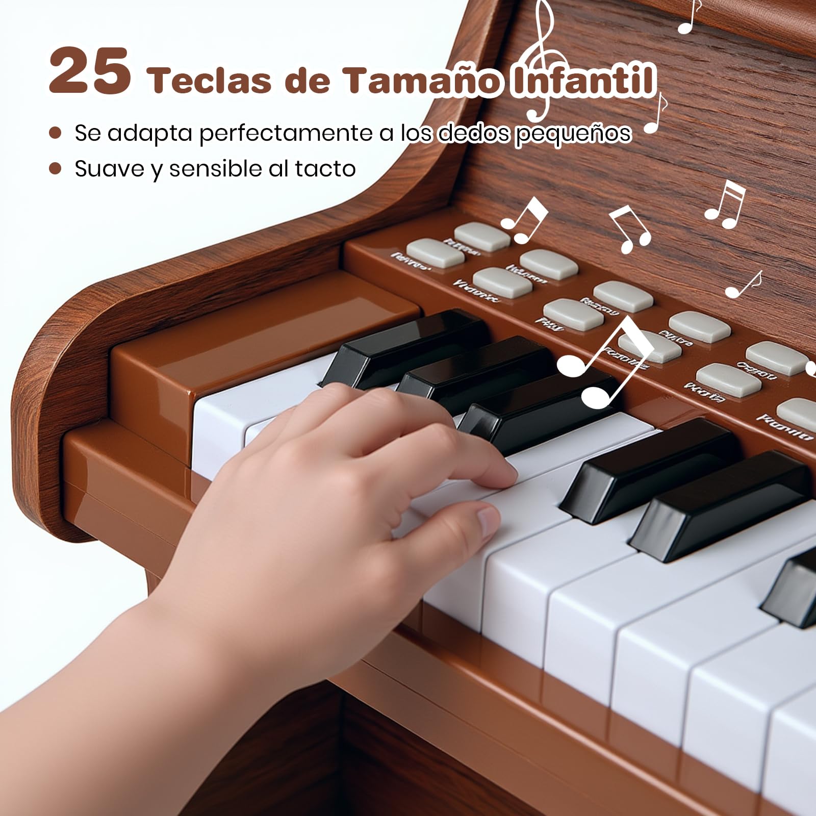 GOPLUS Teclado de Piano con 25 Teclas Iluminadas, Instrumento Musical para Niños con Atril Extraíble, Piano Eléctrico de Madera con Velocidad y Volumen Ajustables, 3+ Años (Marrón)