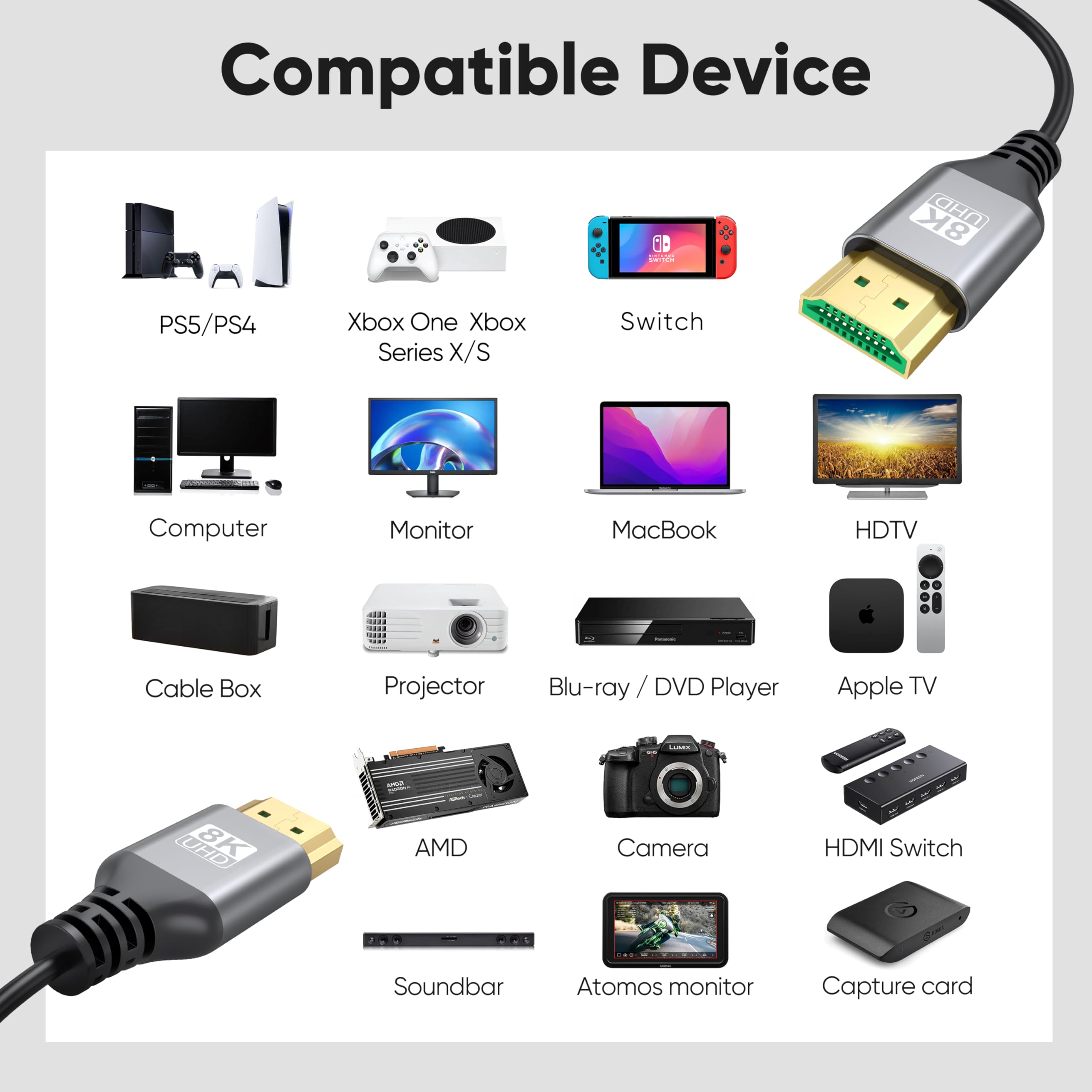 Lot de 5 câbles HDMI 8K de 1,8 m, compatible avec PC
