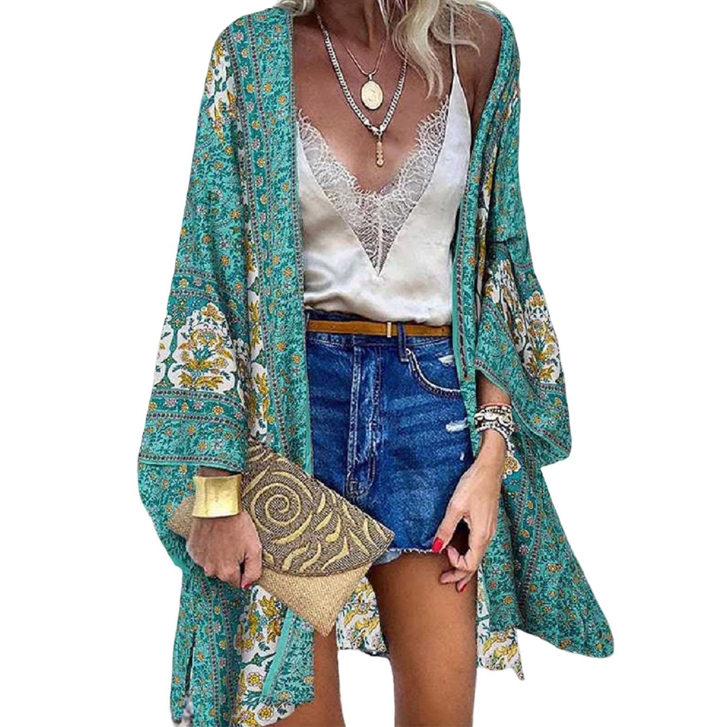 TBSCWYF Cárdigans Kimono Floral Manga Larga Kimono Mujer Camisolas Casual Gasa Pareos Playa Ropa de Baño Verano Blusa Suelta Boho Bikini Cover Up Caftan Playa Chaqueta Mujer Chal Verano Boho Kimono de Playa