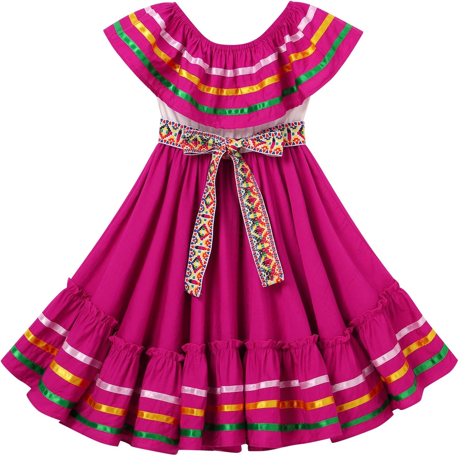 Mexican Dress for Girls Embroidered Traditional Mexican Dress with Belt Cinco de Mayo Fiesta Birthday Party Dresses