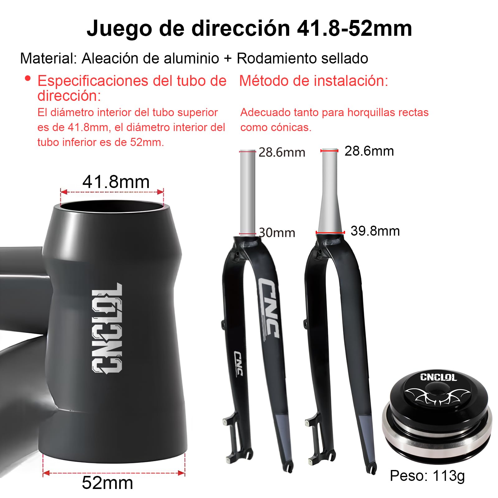 Fahrradlenker 1 1/8 Zoll, Steuersatz 34 mm/44 mm/41,8-52 mm/44-55 mm/44-56 mm, Lenklager MTB/BMX, halb integriert, mit versiegelten Lagern.
